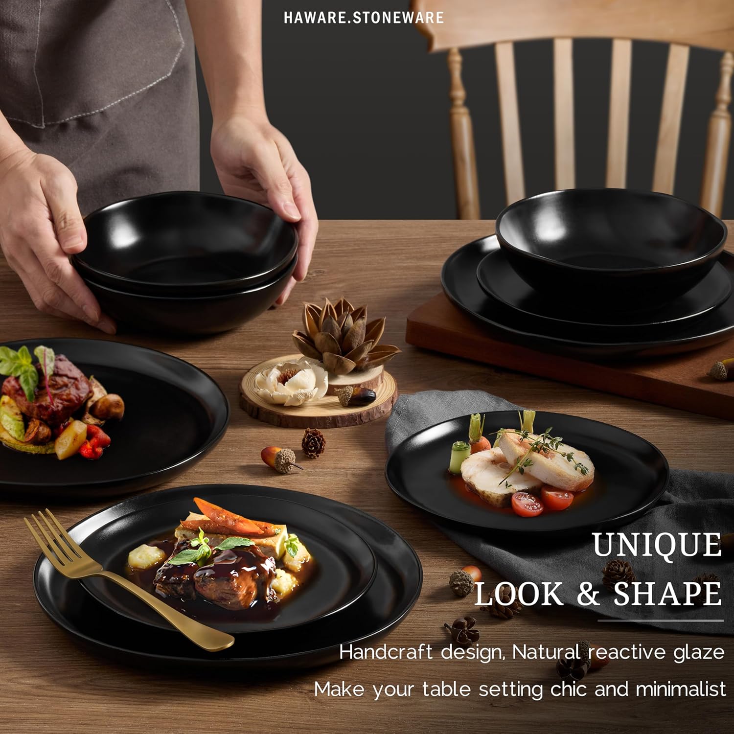 HaWare Dinnerware Sets, 12-Piece Stoneware Plates and Bowls Set, Dish Set for 4, Ceramic Dishware for Home Restaurant, Chip and Scratch Resistant, Microwave and Dishwasher Safe, Matte Black - Image 3
