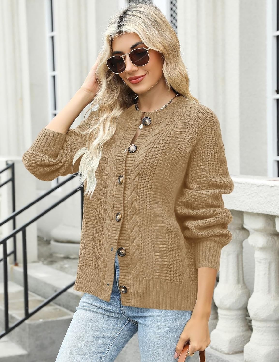 Rapbin Women's Cable Knit Cardigan Open Front Sweater Casual Long Sleeve Button Coats Outerwear - Image 3