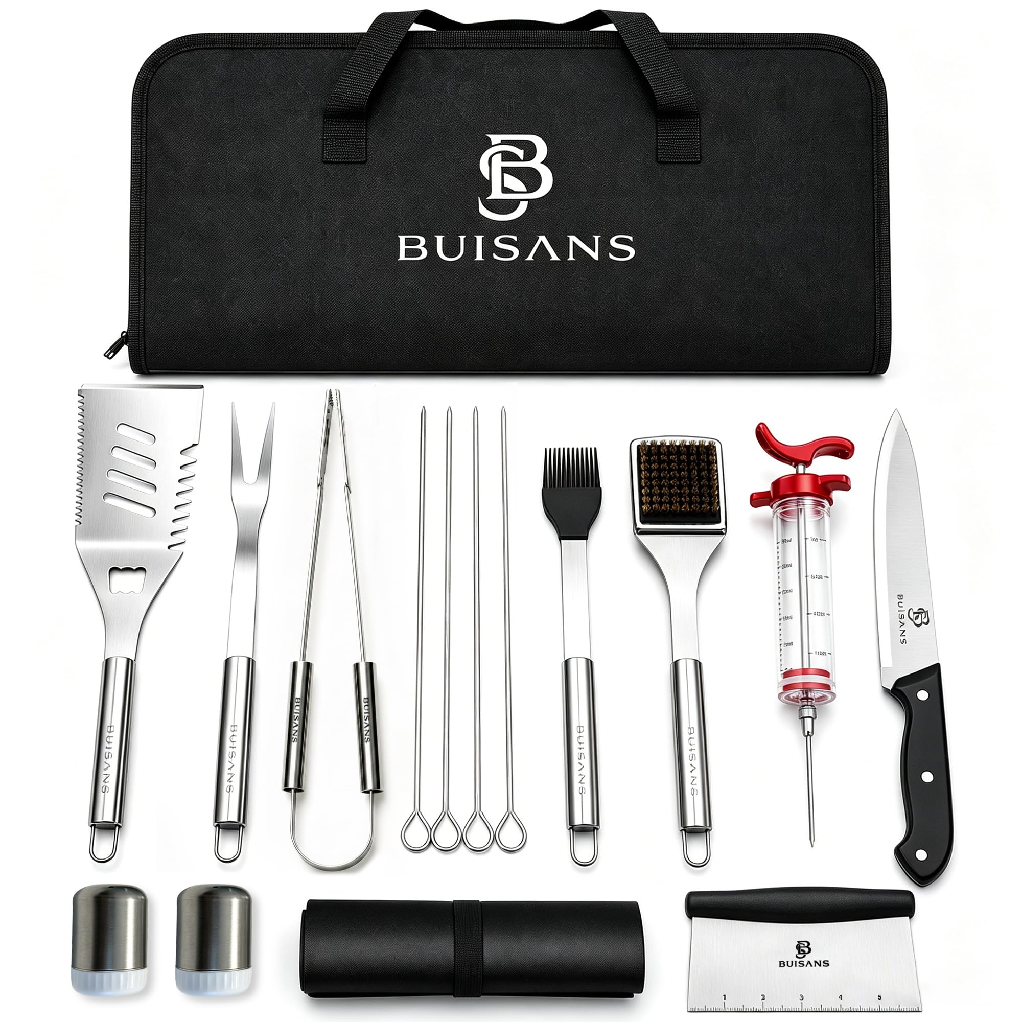 Buisans - Kit da barbecue, 15 pezzi, con custodia, utensili da barbecue in