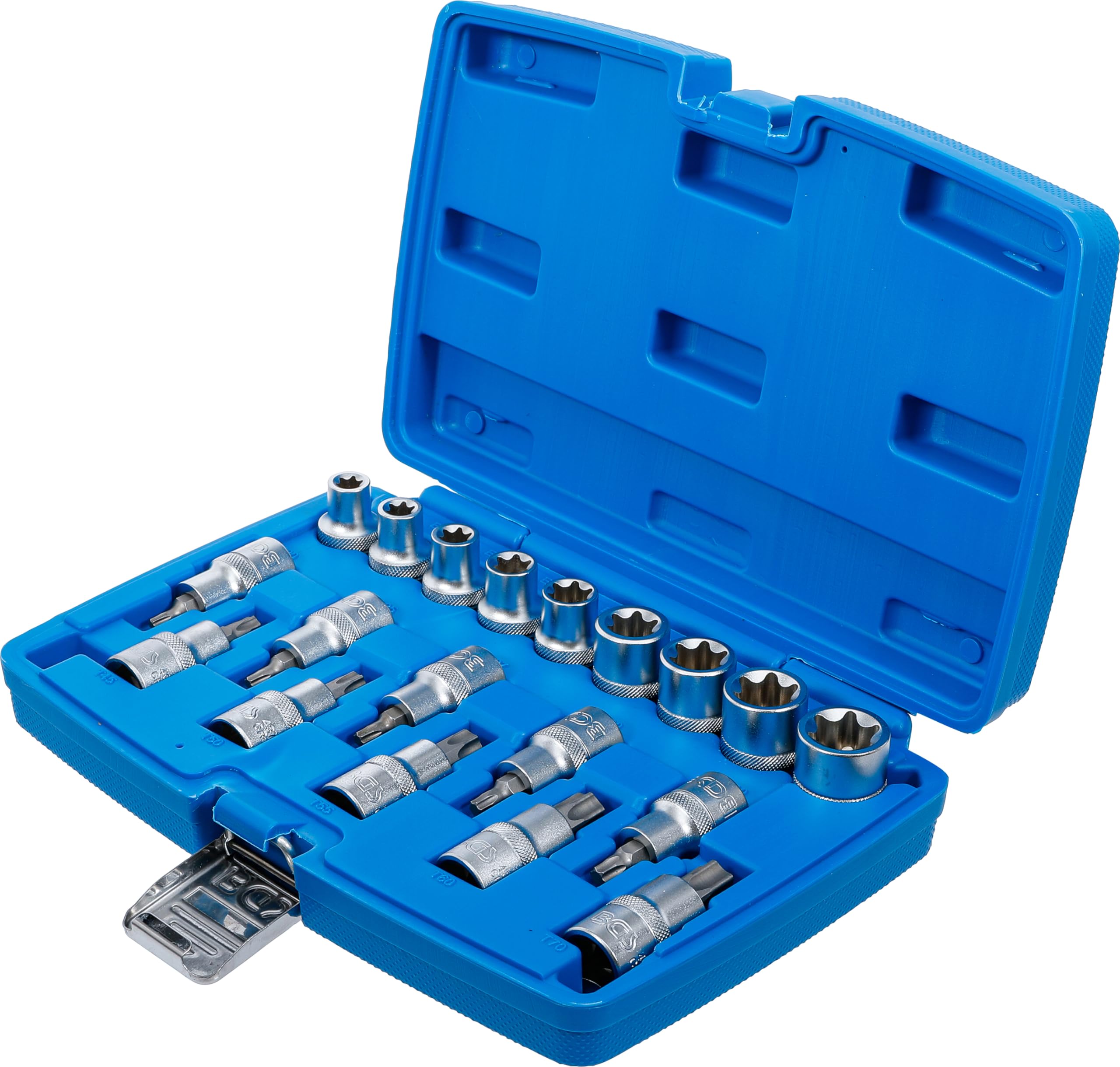 BGS 5100 | Juego de puntas y llaves de vaso | entrada 12,5 mm (1/2") | E-Torx / perfil en T (para Torx) | 19 piezas | Accionamiento cuadrado interior 12,5 mm (1/2") | perfil E | acero cromo vanadio | cromado mate | con moleteado