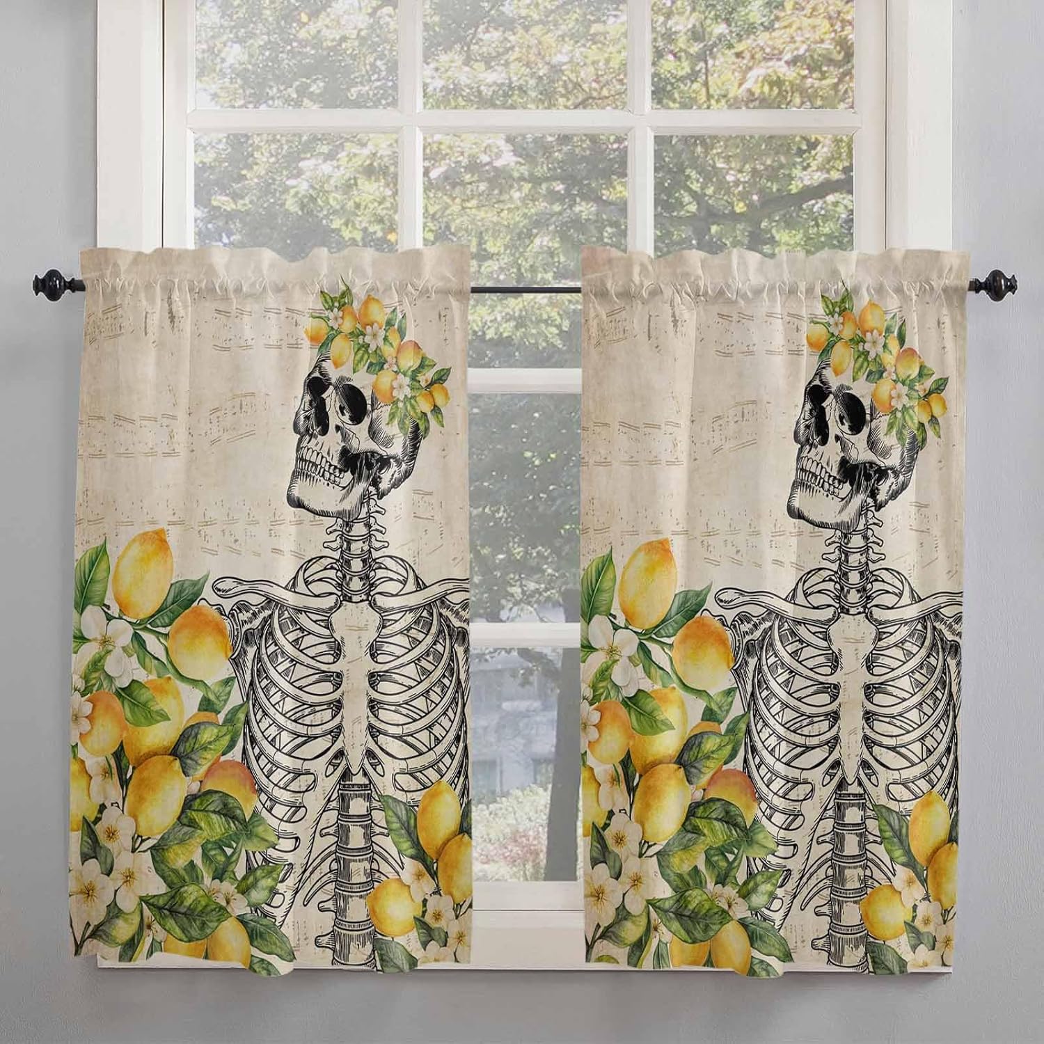 Kitchen Curtain 45 Inch Length, Vintage Skull Summer Lemon Watercolor Small Short Cafe Tiers Curtains Drape, 2 Panel Window Treatment Rod Pocket Drapery Panels Curtains 84x45