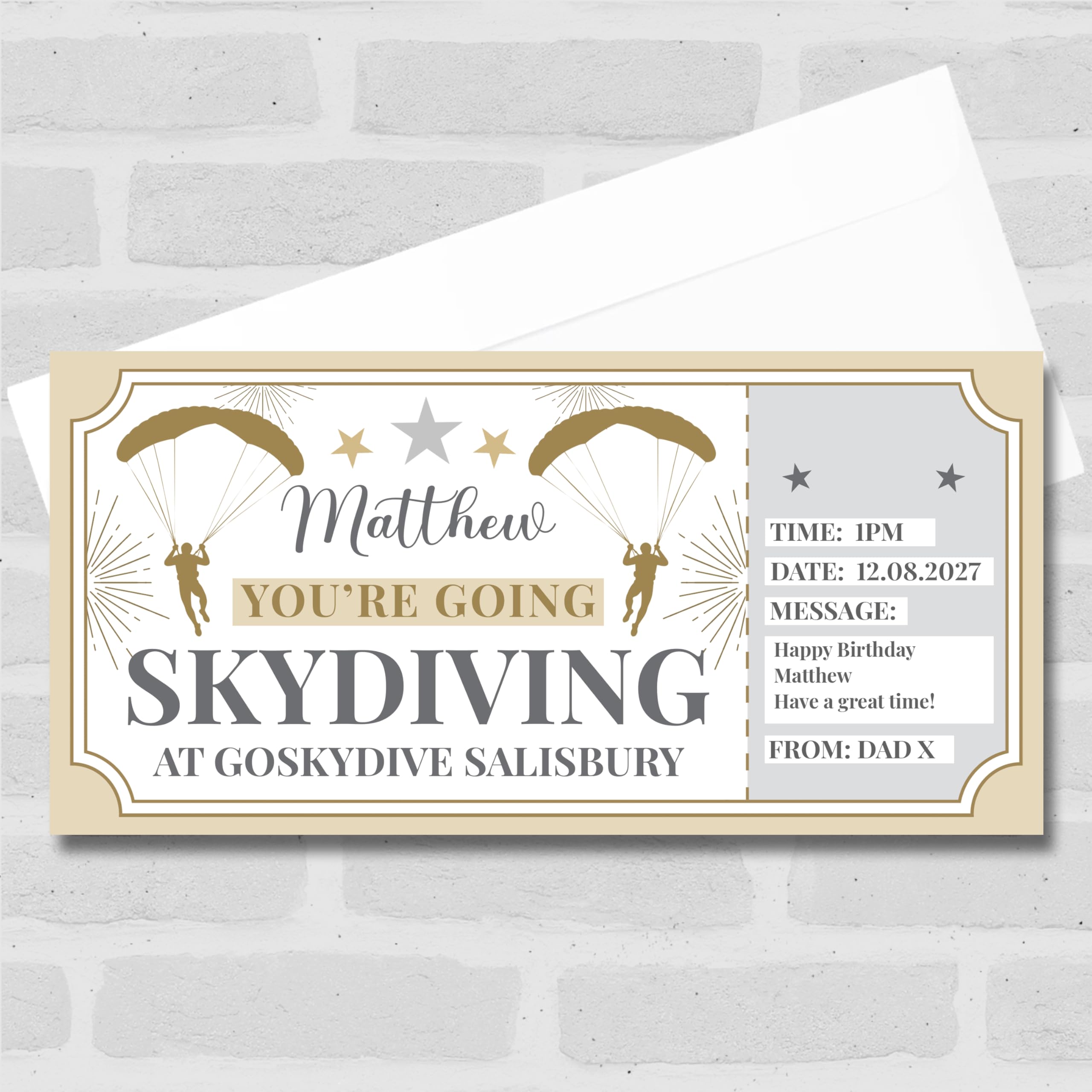 Greetings Card - Skydiving Stars Gold Personalised Gift Voucher Surprise Ticket | Custom Greetings Card | Surprise Reveal Voucher Spoof Ticket