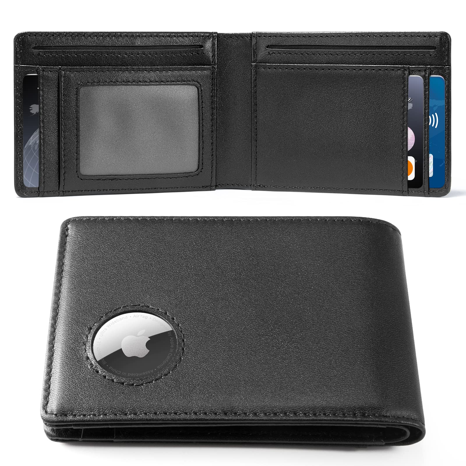 HLHGR AirTag Wallet Men Genuine Leather Cash Credit Card Bifold Wallet RFID Blocking with Airtag Case Holder front pocket for Apple Air Tag（ Airtag not inside）, black