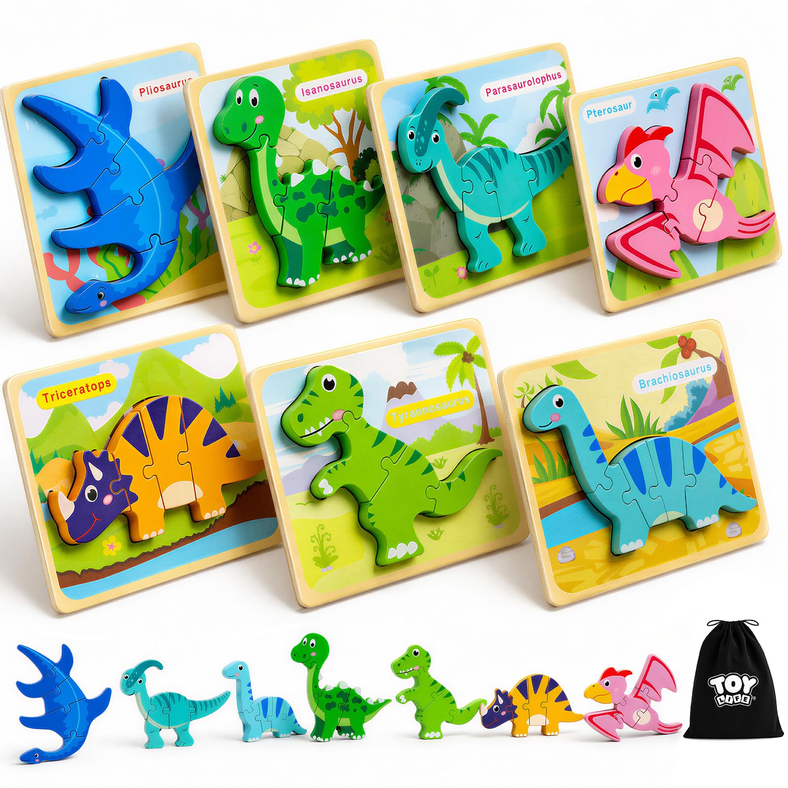 TOY Life Toddler Puzzles Ages 2-4, Wooden Puzzles for Toddlers 1-3, 7 Pcs Dinosaur Puzzle
