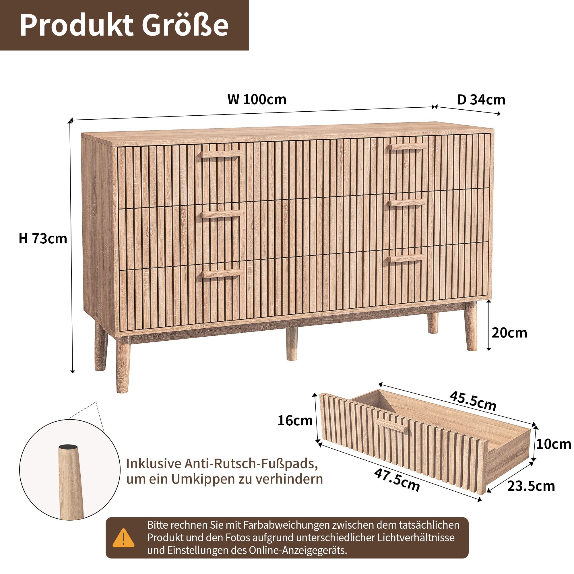 Komoda z 6 szufladami, 100 × 34 × 73 cm, rustykalna komoda, drewniany organizer do przechowywania, komody, do przechowywania ubrań w stylu boho, szafka nocna do salonu, przedpokoju,