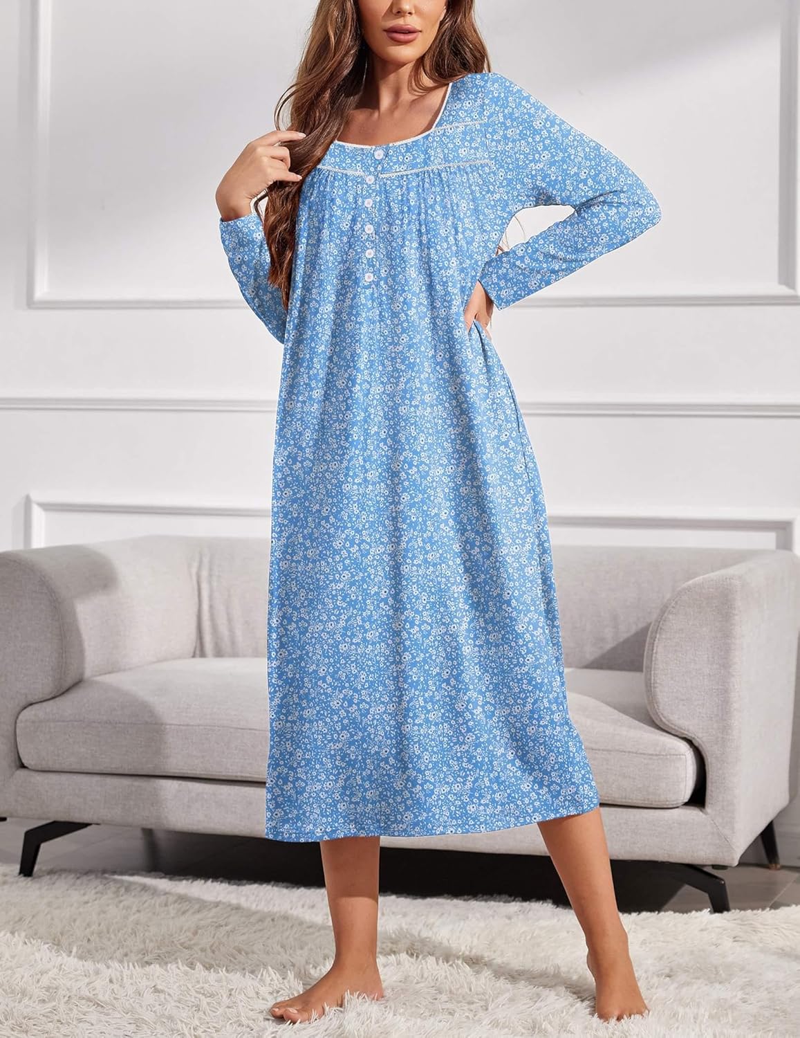 Ekouaer Womens Long Sleeve Nightgowns Long Sleep Shirts Henley Night Shirts Full Length Nightgown - Image 3