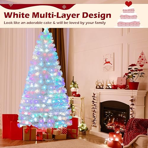 Miniatura 7 de GOFLAME Árbol de Navidad preiluminado de 7 pies con nieve, árbol de Navidad artificial con 270 puntas de rama, fibra óptica colorida y 270 luces