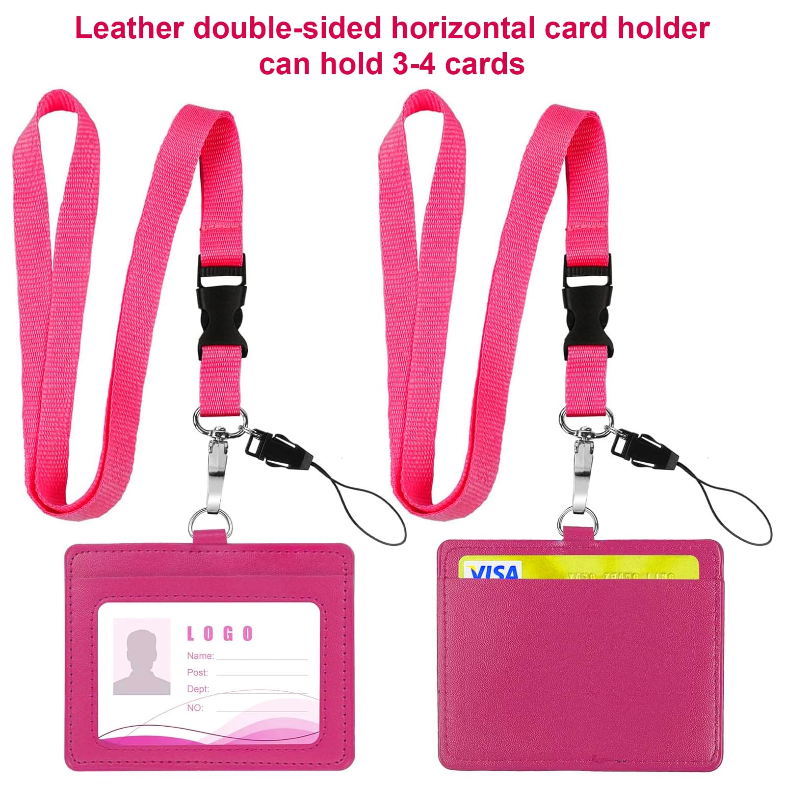 Vicloon Cordón para el Cuello con Colgantes de Tarjetas de Identificación, Id Card Badge Holder de Cuero, funda tarjeta identificación, Doble Cara, Para Personal, Estudiantes, Oficina(Rosa Roja)