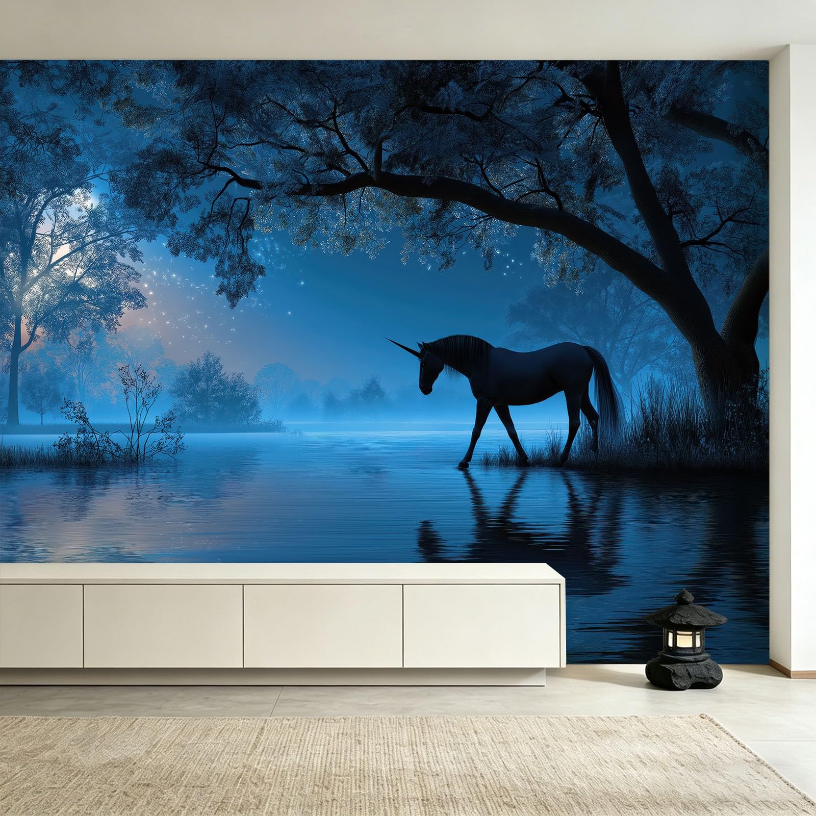 Générique Tapeta Jezioro Jednorożec Duże Panoramiczne Drzewo Ścienne, Włóknina Fantazyjna Tapeta Dżungla w mocy Salon Sypialnia Kuchnia, 3D Dekoracyjna Mural 300x210cm