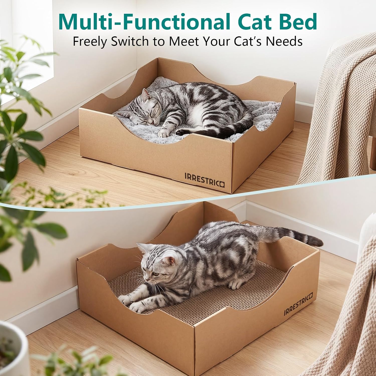 Cardboard Cat House with Replaceable Scratcher & Waterproof Cushion, 2-in-1 Cat Lounge Bed & Scratch Box, Eco-Friendly Cat Furniture Cube Cat Bed for Indoor Cats 13.8"
