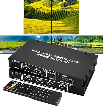 True 4K60 Video Wall Controller 2x2, 4K@60Hz HDMI Input Output Video Wall Processor Support 2x2 1x2 1x3 1x4 2x1 3x1 4x1, FPGA Chip for Zero-Lag, 180 Rotation, Edge Mask, Max 4 TVs into 1 Wall