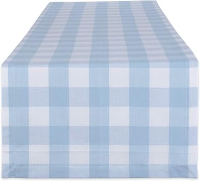 DII Buffalo Check Collection, Classic Farmhouse Table Runner, 14x72, Light Blue & White