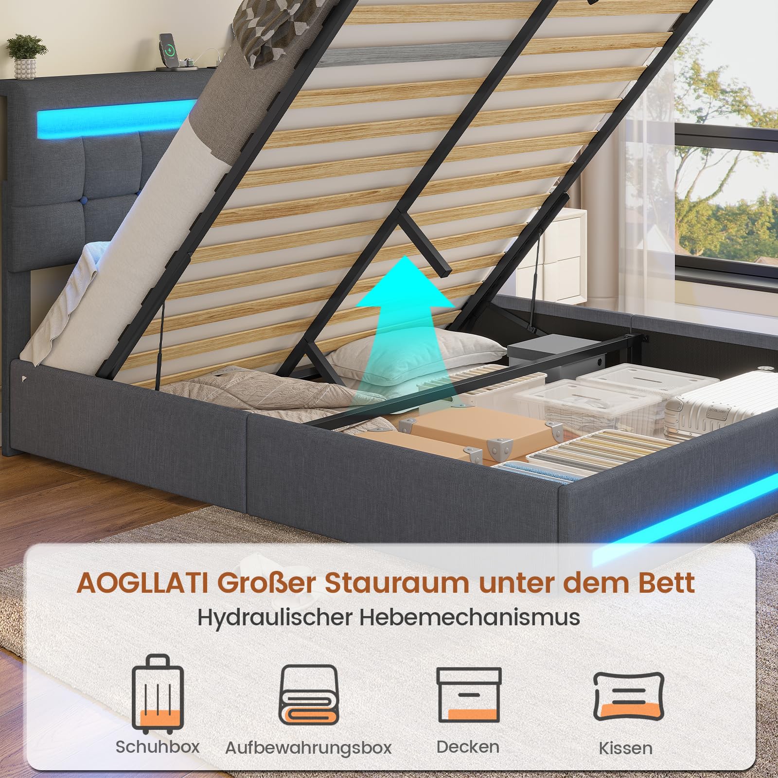 AOGLLATI Polsterbett 160x200 CM mit Ladestation & LED-Beleuchtung,Doppelbettgestell mit Stauraum Kopfteil & Lattenrost, Schwebender visueller Effekt,Modern Bettgestell Leinen, Ohne Matratze,Dunkelgrau