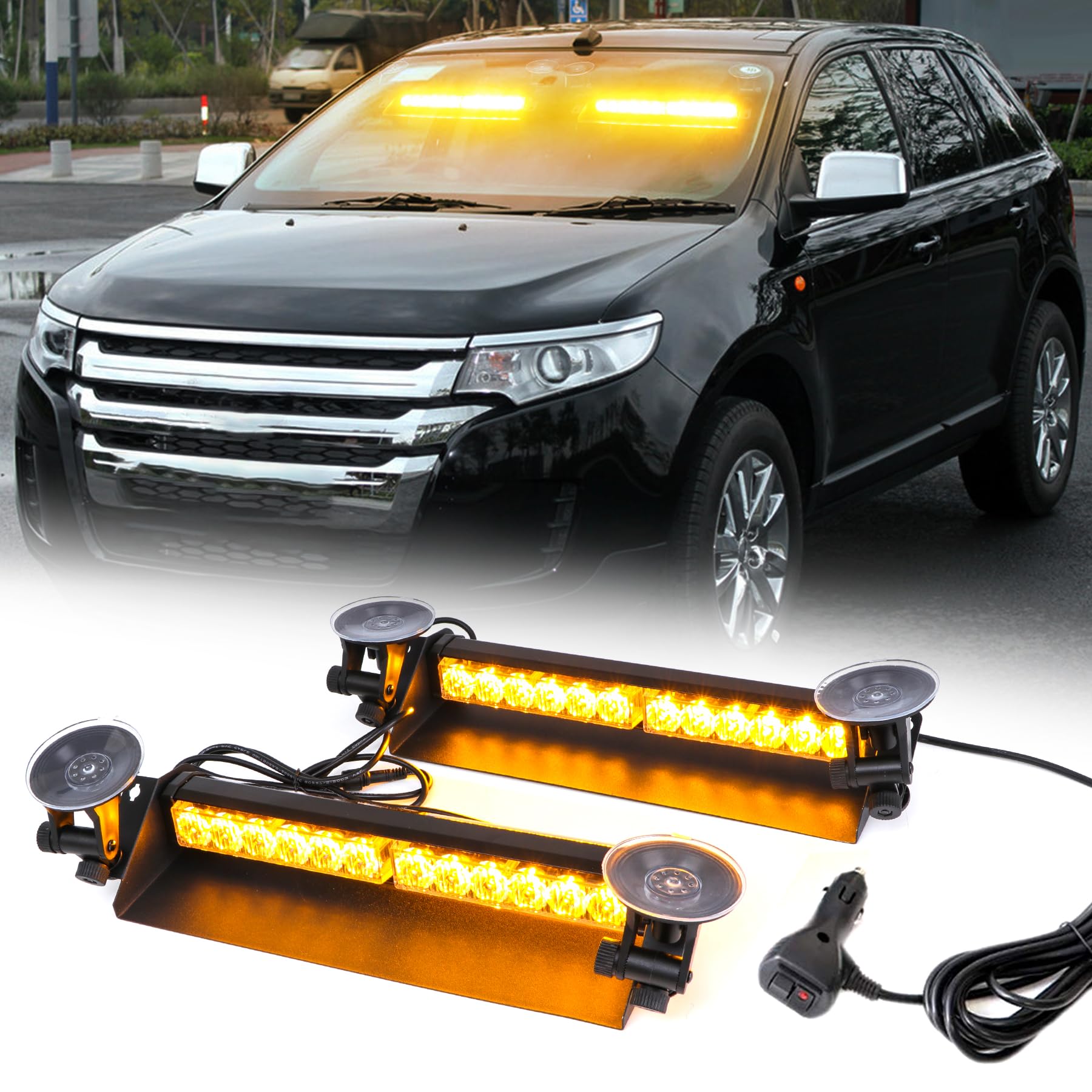 Pack 2 Luces LED Estroboscópicas Ámbar 24 LED 13,7” 12 Modos 2 En 1 Luz Emergencia Parabrisas Ventosa IP65 para Conductores, Grúas, Rescate, Coche y Camión 12-24V