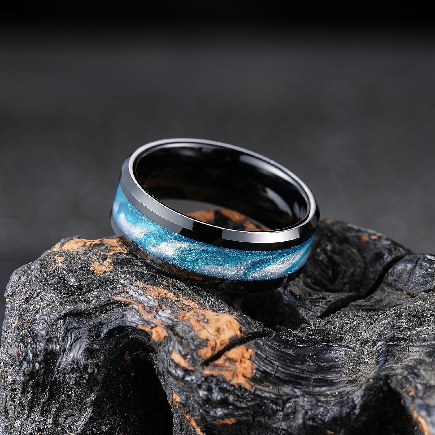 King Will Black Tungsten Wedding Ring for Men Women- 8mm Width Wedding Band Beveled Edge with Multicolor Sand Inlay in Waves/Fire Pattern Comfort Fit Size 7-13 - Image 3