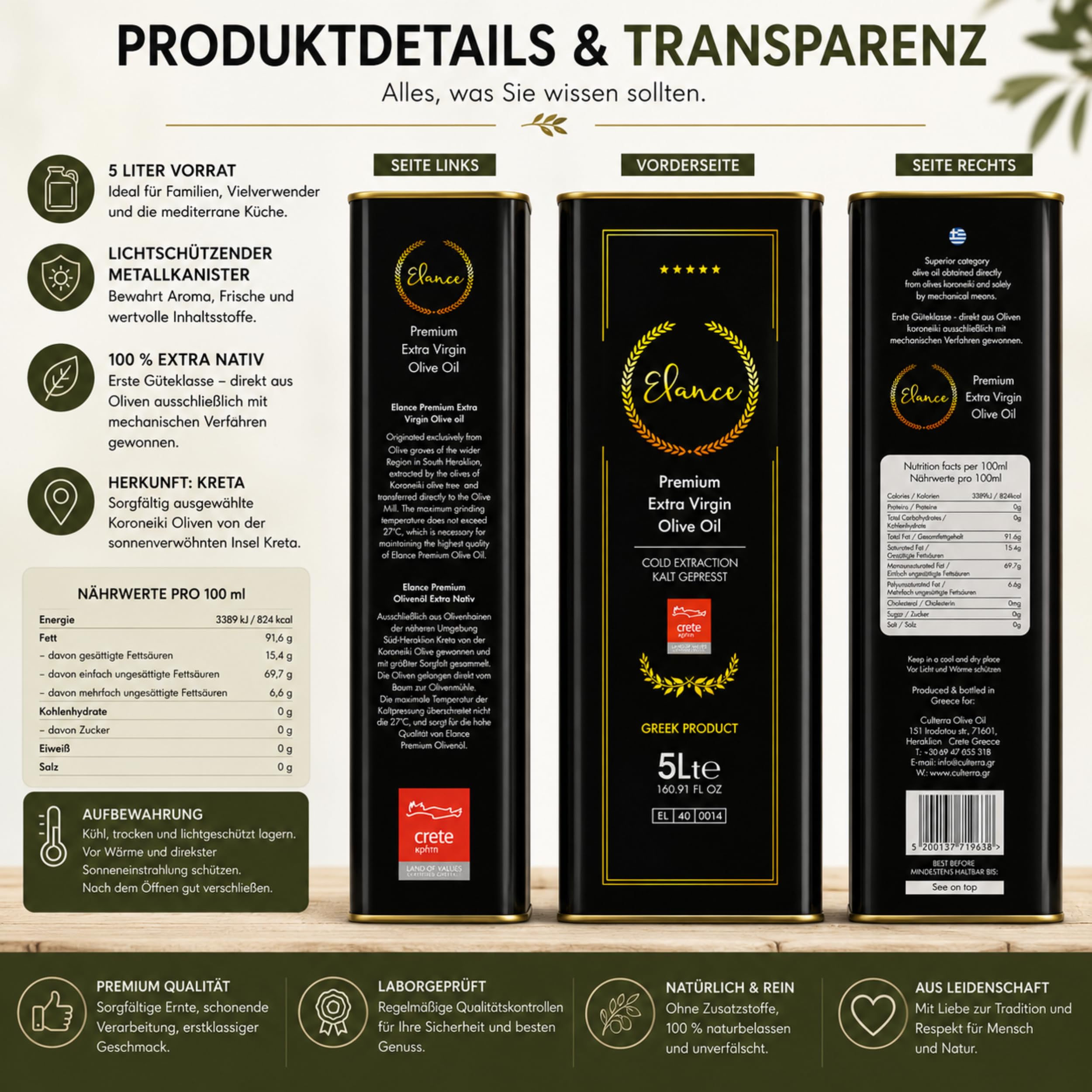 Elance Olivenöl 5 Liter Extra Nativ Premium - Neue Ernte - Direkt aus Kreta, Griechenland - Erste-Güteklasse - 100% Handverlesen | Kalt extrahiert