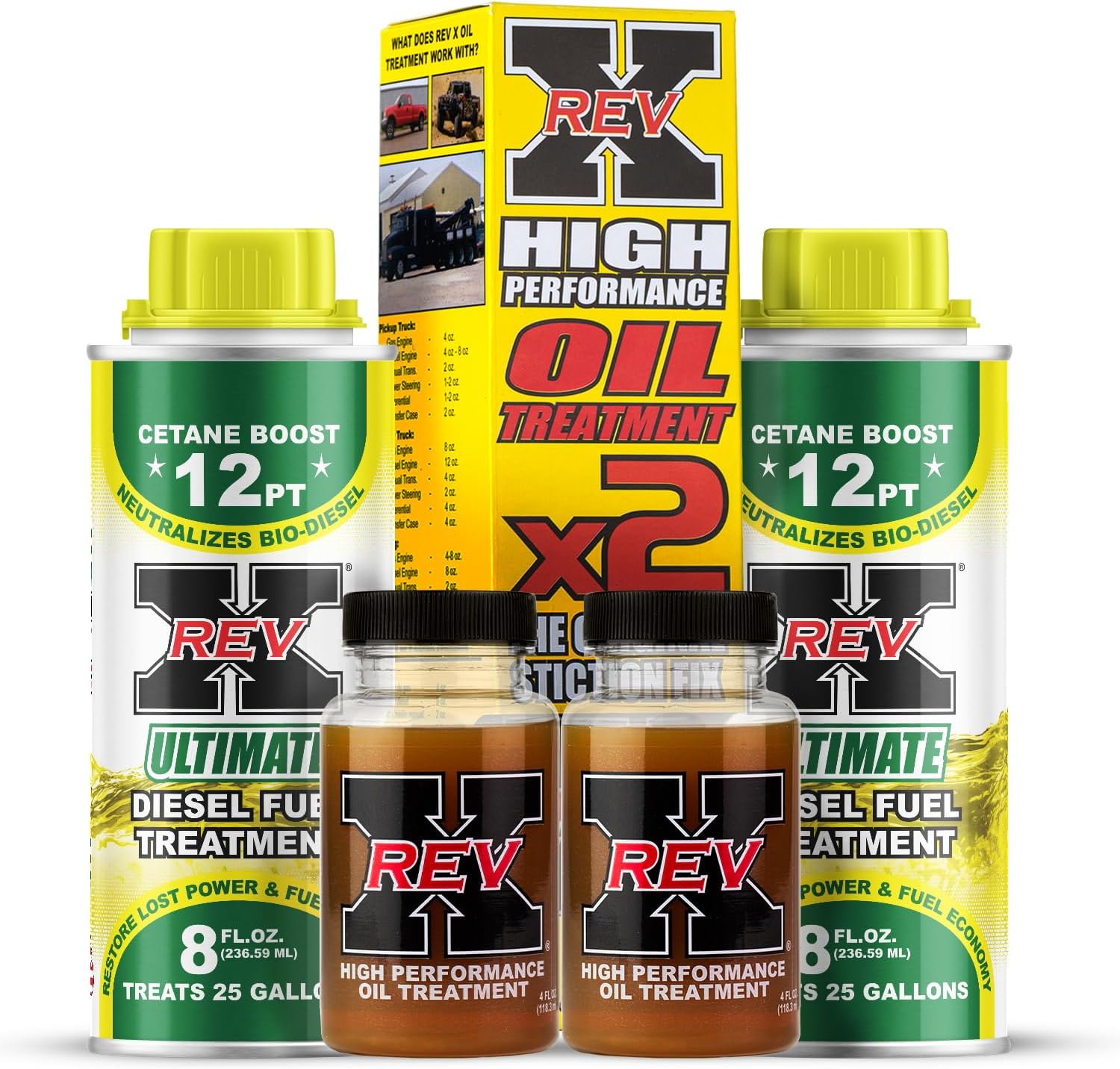 REV X Super Ultimate Kit for Diesel - High-Performance Oil Additive - 4 fl. oz. (2 Pack) + Ultimate Diesel Additive - 8 fl. oz. (2 Pack)