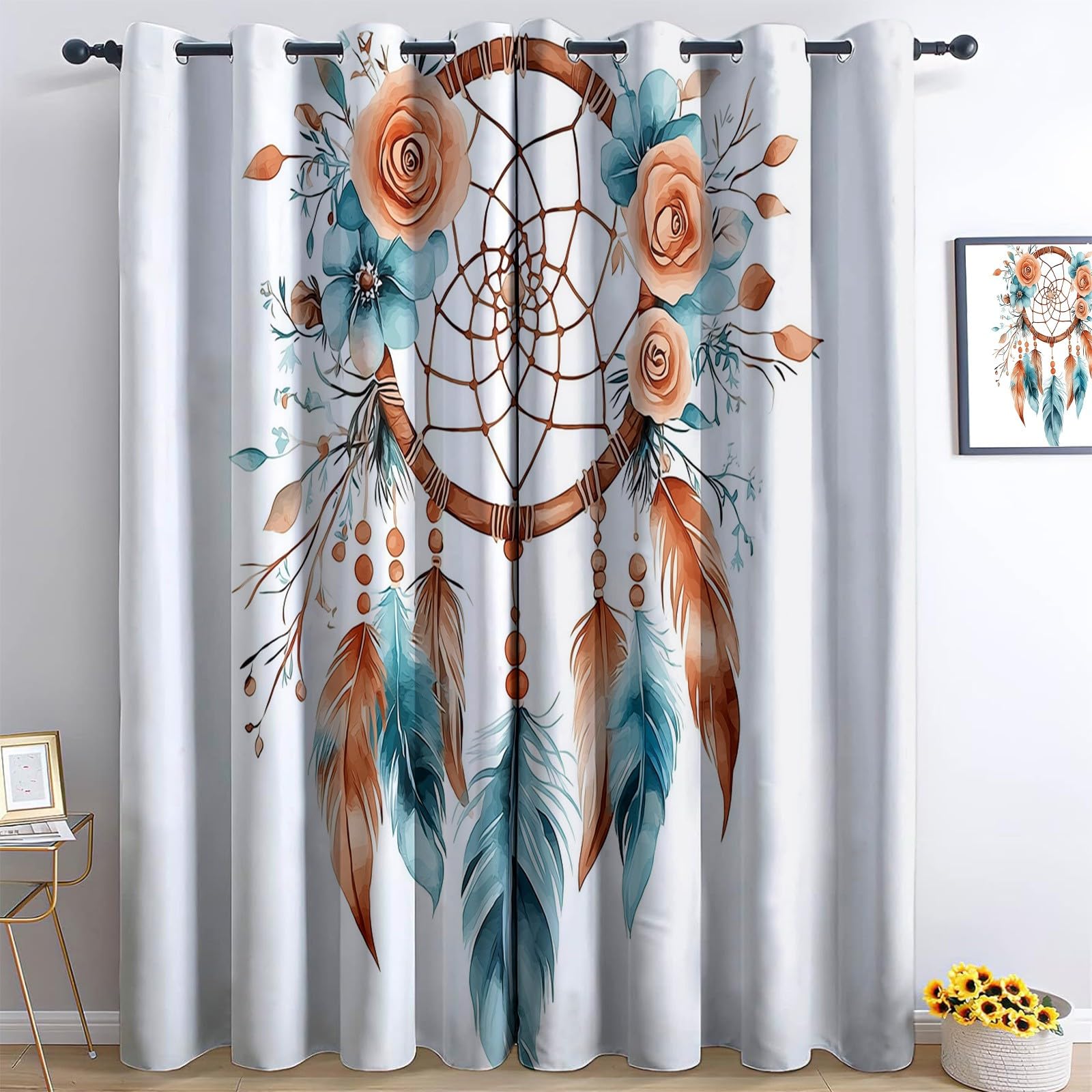Weiß Vorhänge Aquarell-Traumfänger Gardinen mit Ösen, Vorhang Blickdicht, Verdunklungsvorhänge, Schiebevorhänge, Schlafzimmer Wohnzimmer & Kinderzimmer Deko, Blackout Curtain 2er Set H215 x B110 cm