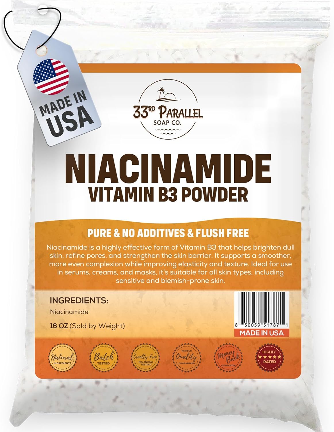 Niacinamide Powder Vitamin B3 (1 Lbs / 16oz) Brightens Skin, Reduces Dark Spots, Boosts Collagen & Hydration for Serums, Creams, Toners & DIY Skincare | 1 Pound