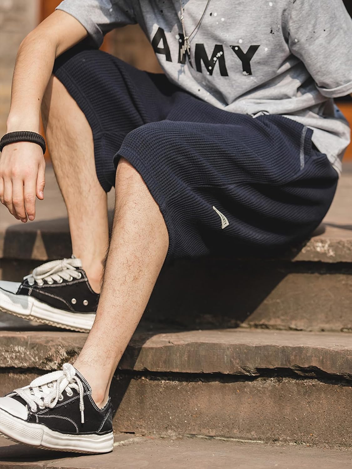 Mens Waffle Cotton Shorts Elastic Waist Casual Running Workout Shorts with Pockets