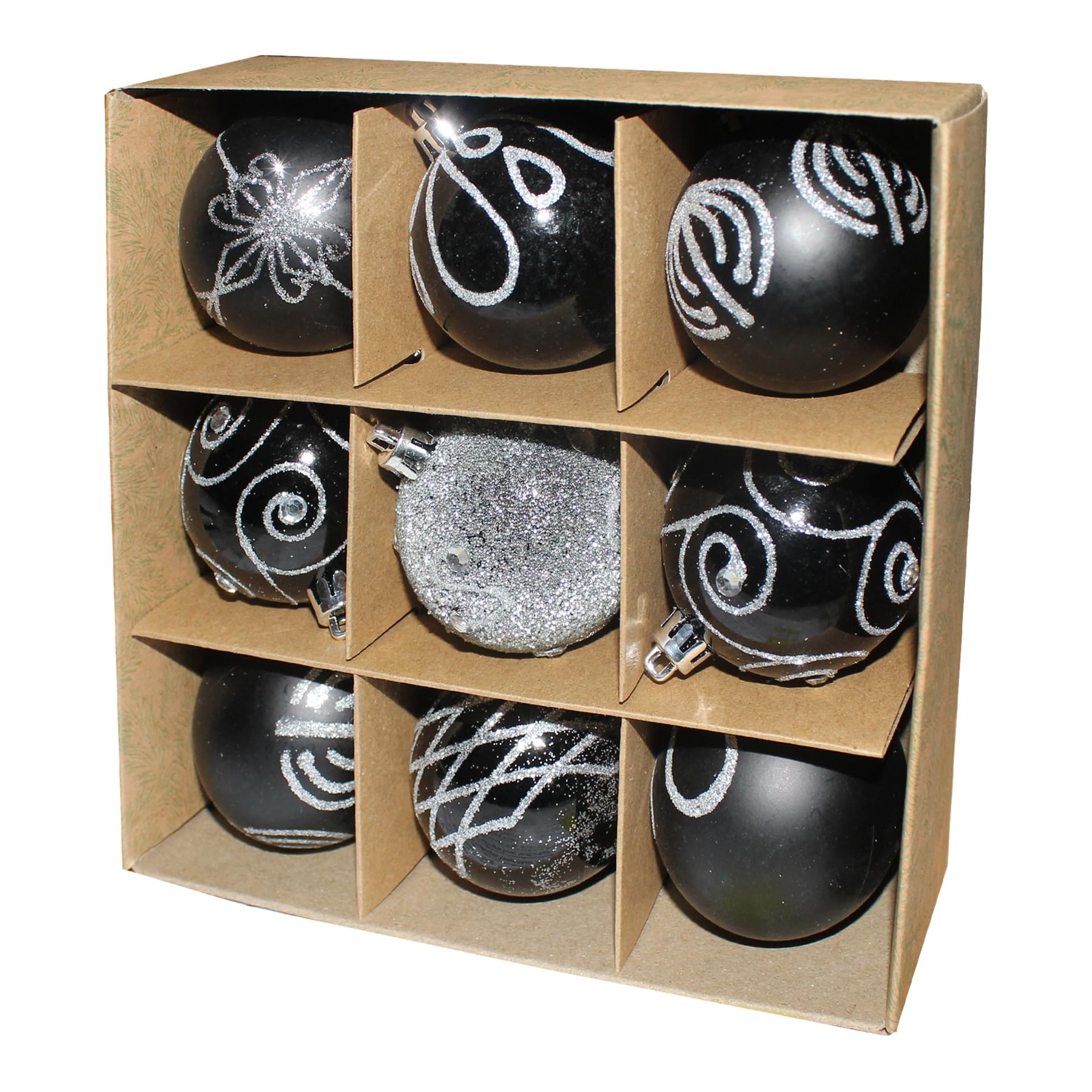 Widdle Gifts Black 6112 Christmas Shatterproof Baubles 9 Pack 60Mm Tree Decoration - Glitter, Matte, And Shiny (Black 6112)