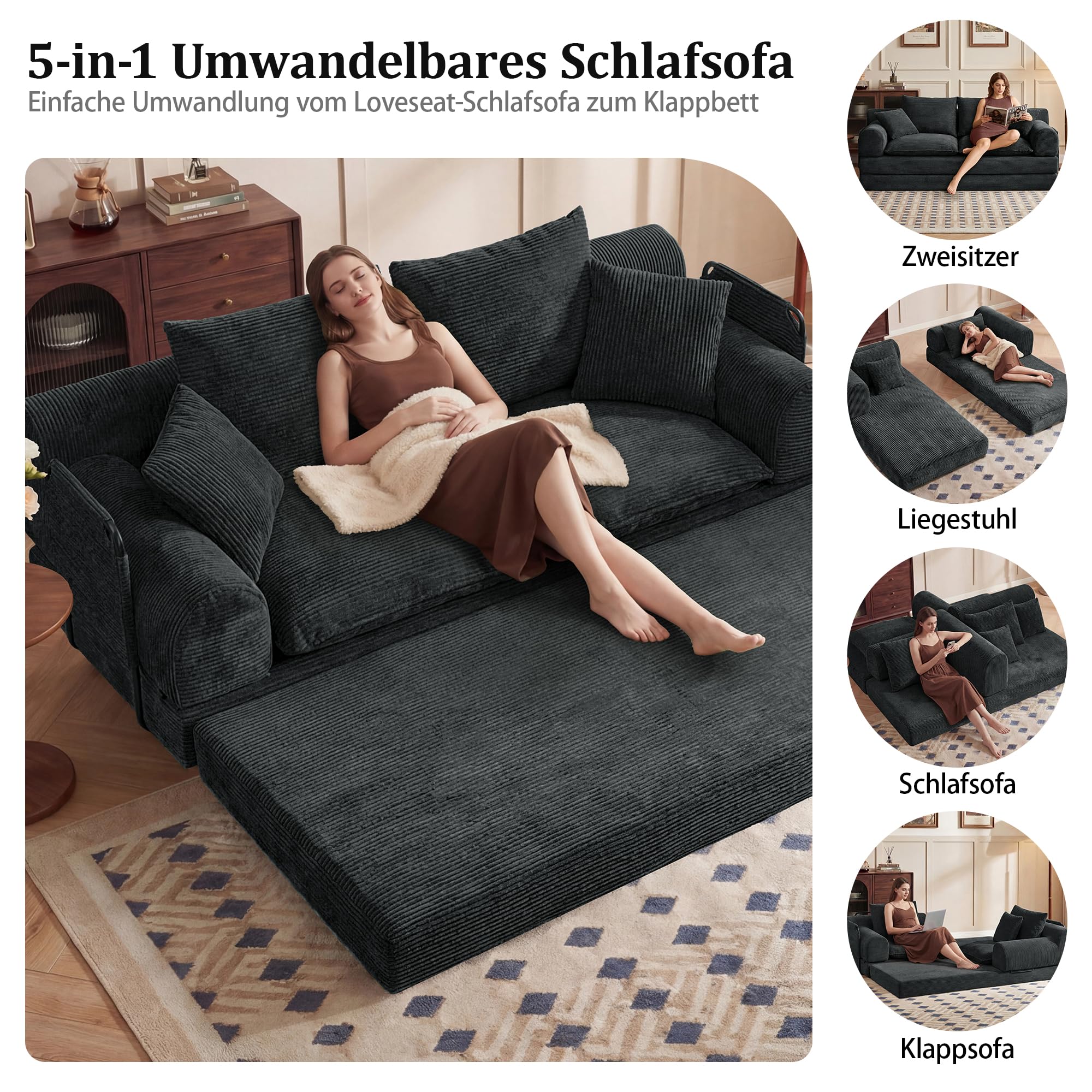Vipbear Schlafsofa 201cm Breit, Boneless Couch mit Schlaffunktion Cord Sofa | 5-in-1 Bodensofa, 3 Sitzer Boneless Schlafcouch, Cloud Modulares Sofa Bed für Wohnzimmer Schlafzimmer Lounge Schwarz