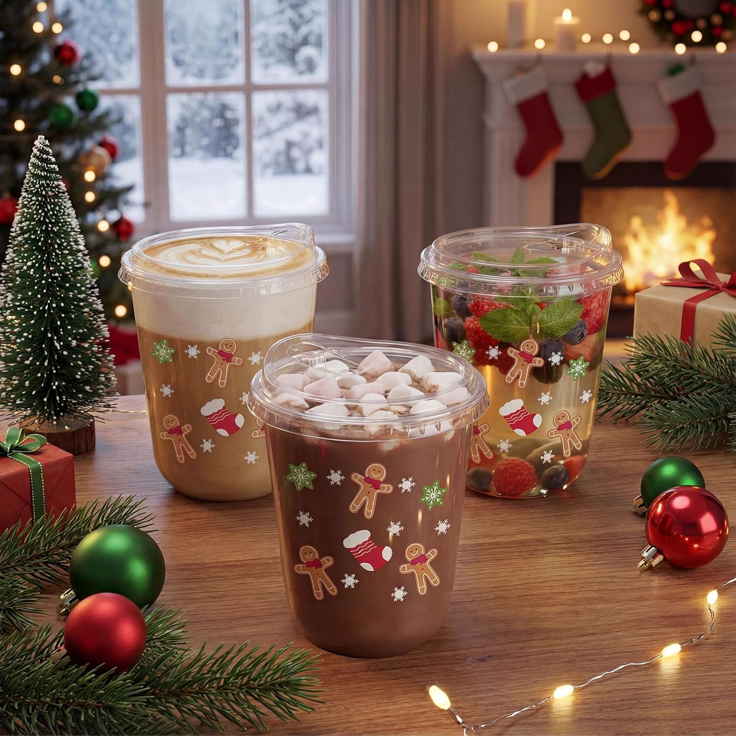16oz Christmas Disposable Plastic Cups with Strawless Sip Lids-Gingerbread Man Drinking Cups for Party Supplies Cold Drinks, Coffee, Beer, Drinks, Ice Cream, Holiday Party Supplies. (50) - Image 3