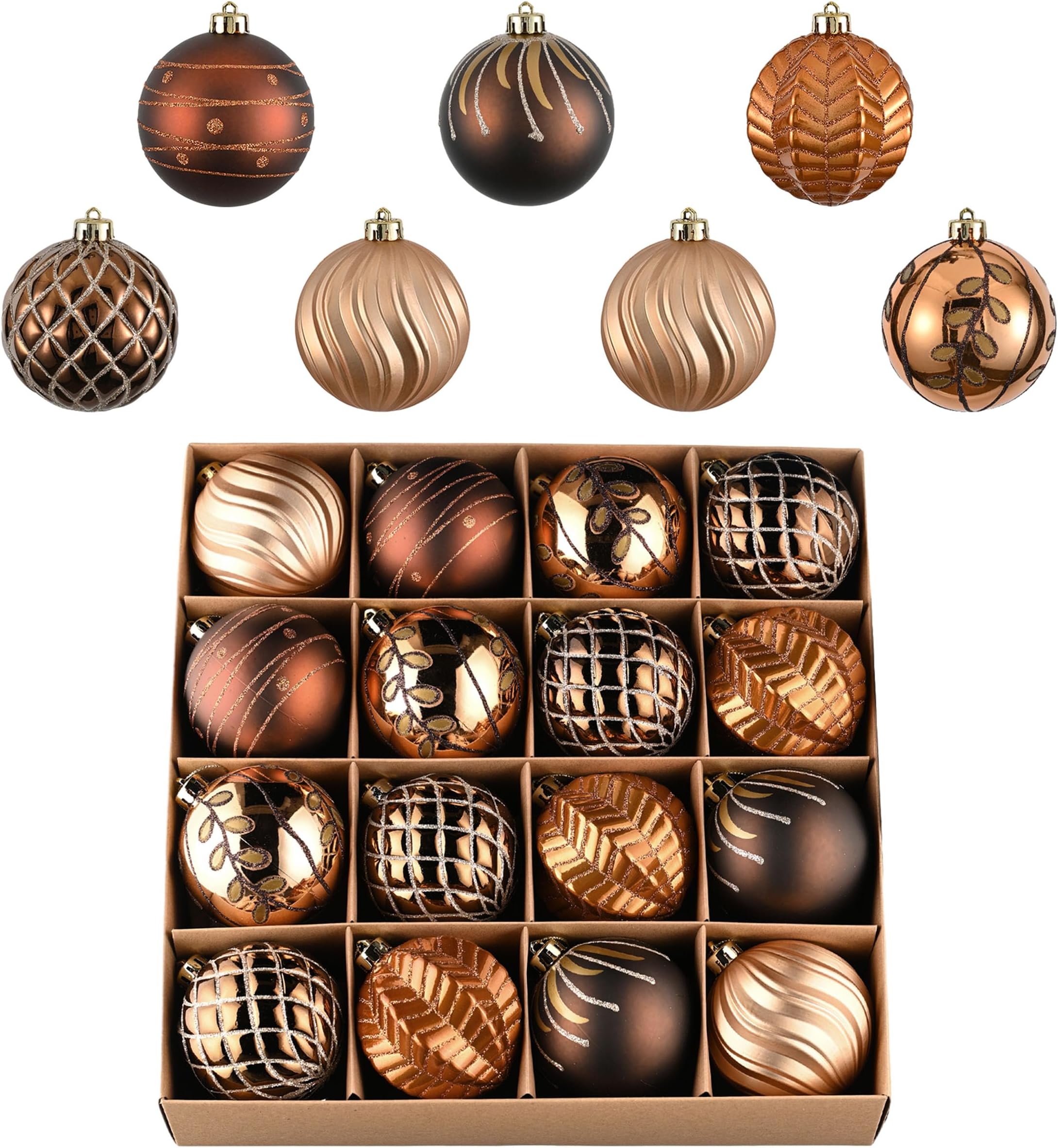 Valery Madelyn Christmas Ornaments Set, 16ct Bronze Copper and Gold Shatterproof Christmas Tree Decorations Ball Ornaments Bulk, 3.15 Inches Elegant Hanging Ornaments for Xmas Trees Decor