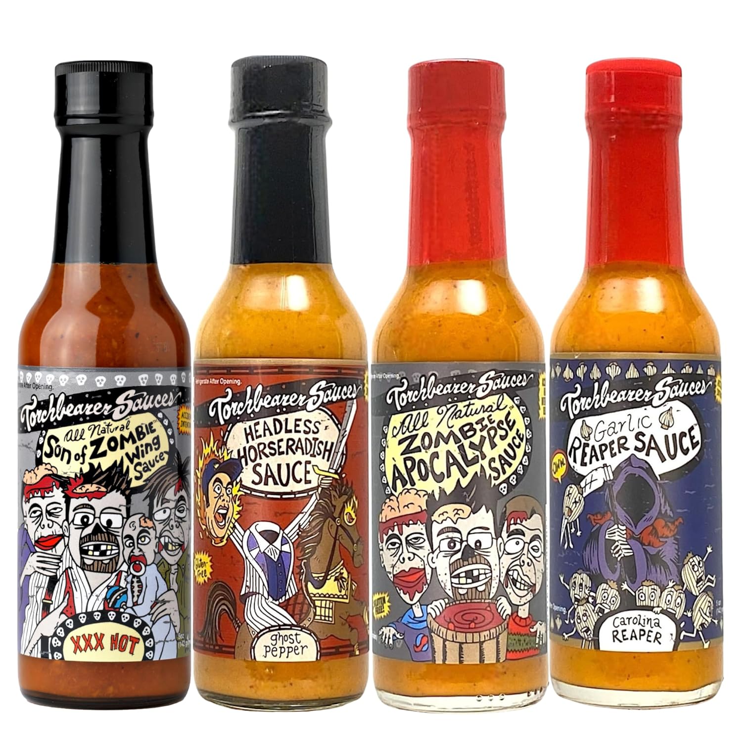 Torchbearer Hot Ones Variety Hot Sauce 4 pack, 5oz - Garlic Reaper, Son Of Zombie, Zombie Apocalypse, Headless Horseradish