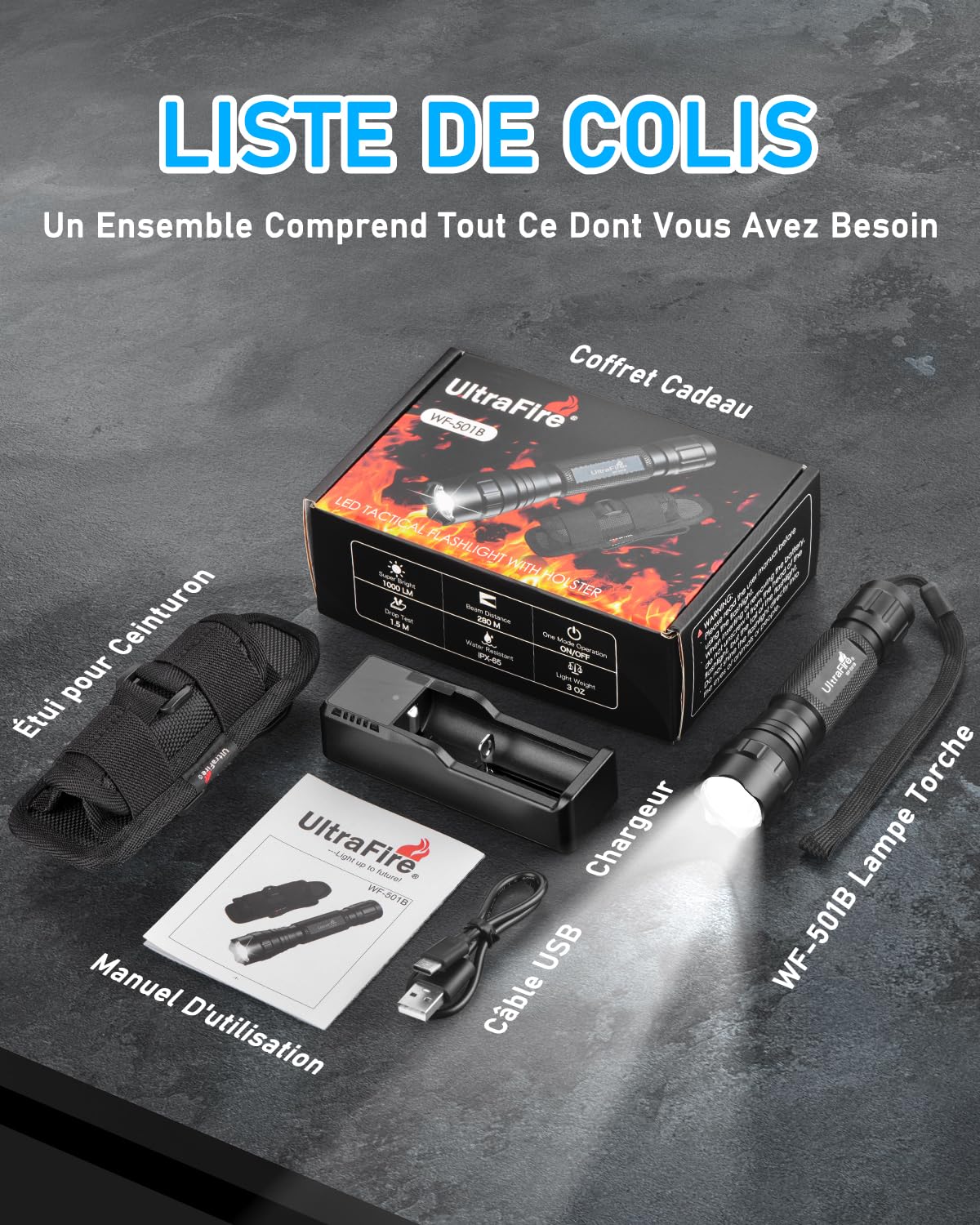 ULTRAFIRE Lampe torche tactique avec étui, 1 000 lumens, lampe torche LED à mode unique avec pochette de poche pour ceinture de service, petite lampe torche portable super lumineuse WF-501B