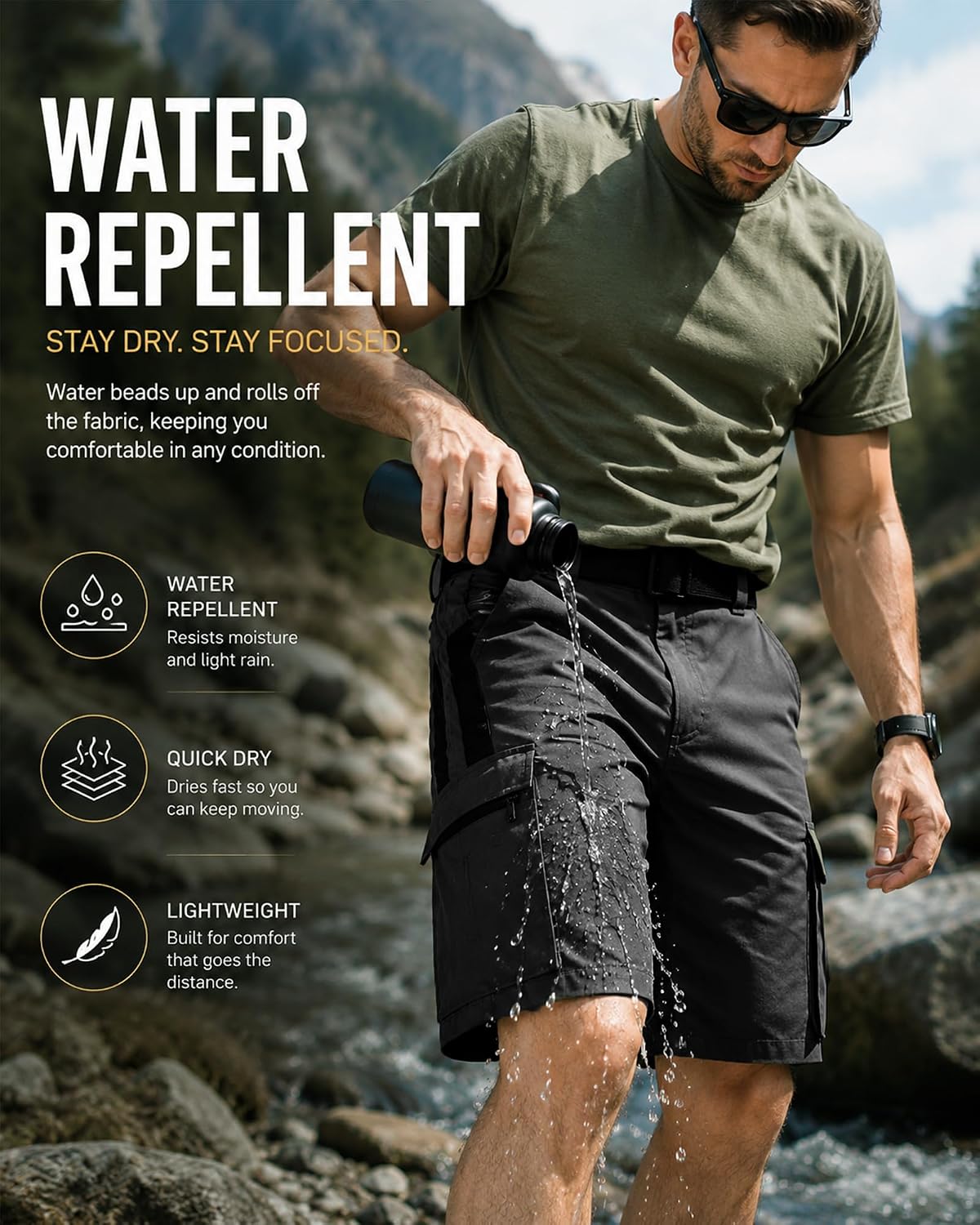 Mens Cargo Hiking Shorts Waterproof Lightweight Tacitcal 9 Pockets Shorts for Fishing Work Casual Summer Outdoor