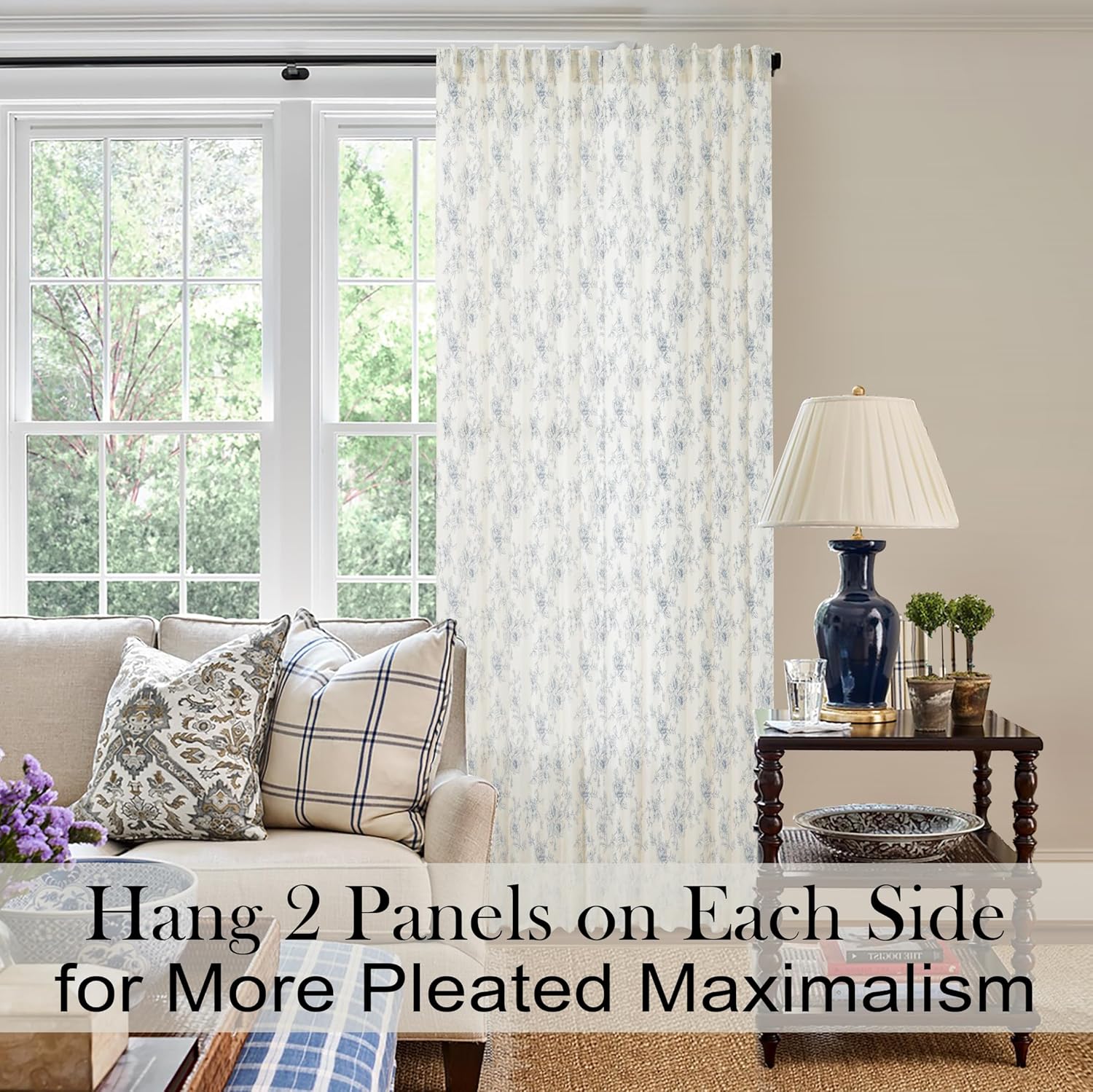 Blue Floral Patterned French Country Curtains, Light Dusty Blue Grey Toile Patterned Linen Farmhouse Coastal Curtains for Living Room Bedroom 84 Inch Length 2 Panels Set