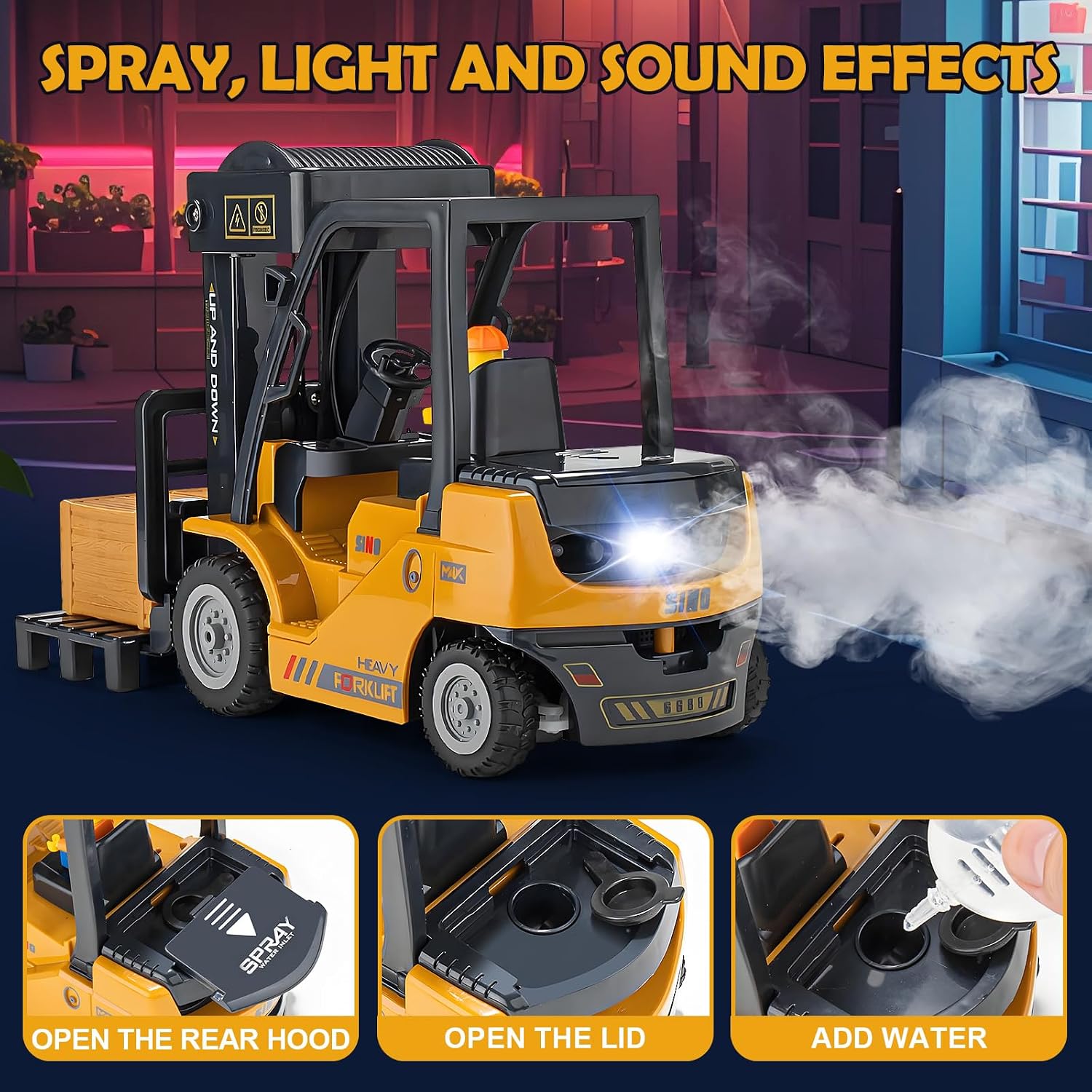 2.4Ghz Remote Control Forklift with Trailer,RC Forklift Truck with Spray, Cool Lights,Sound,1/24 Scale 11 Channel Rechargeable Construction Toys Set with Flatbed Truck,Best Gift for Kids