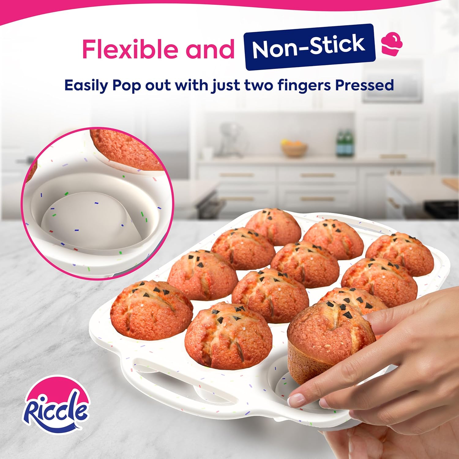 RICCLE Silicone Muffin Pans for Baking with Metal Reinforced Frame, 12-Cup Cupcake Pan, 2 Pcs Muffin Trays for Cupcake Baking, Tray Molds, Oven & Dishwasher Safe, BPA-Free - Image 6