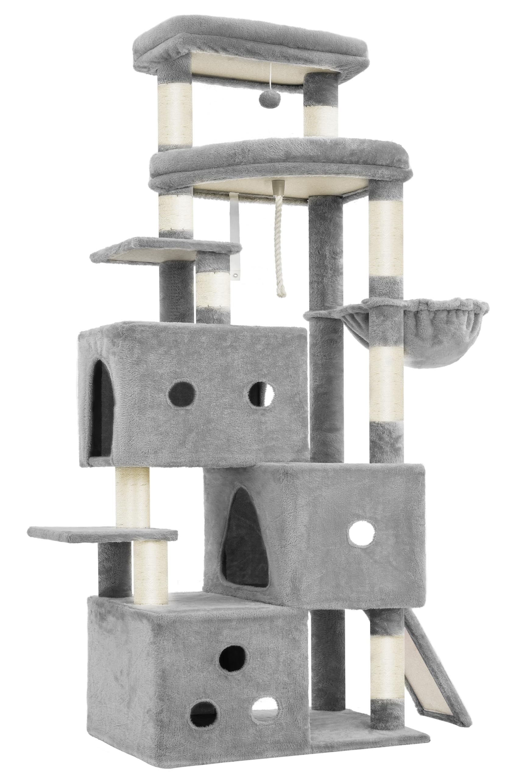 Heybly Rascador para Gatos XXL, 188 cm Árbol Rascador para Gatos Grandes, Torre de Múltiples Pisos, 3 Cuevas Escalonadas, Amplias Perchas Descanso, Postes y Tablas de Sisal, Gris Claro HCT061W