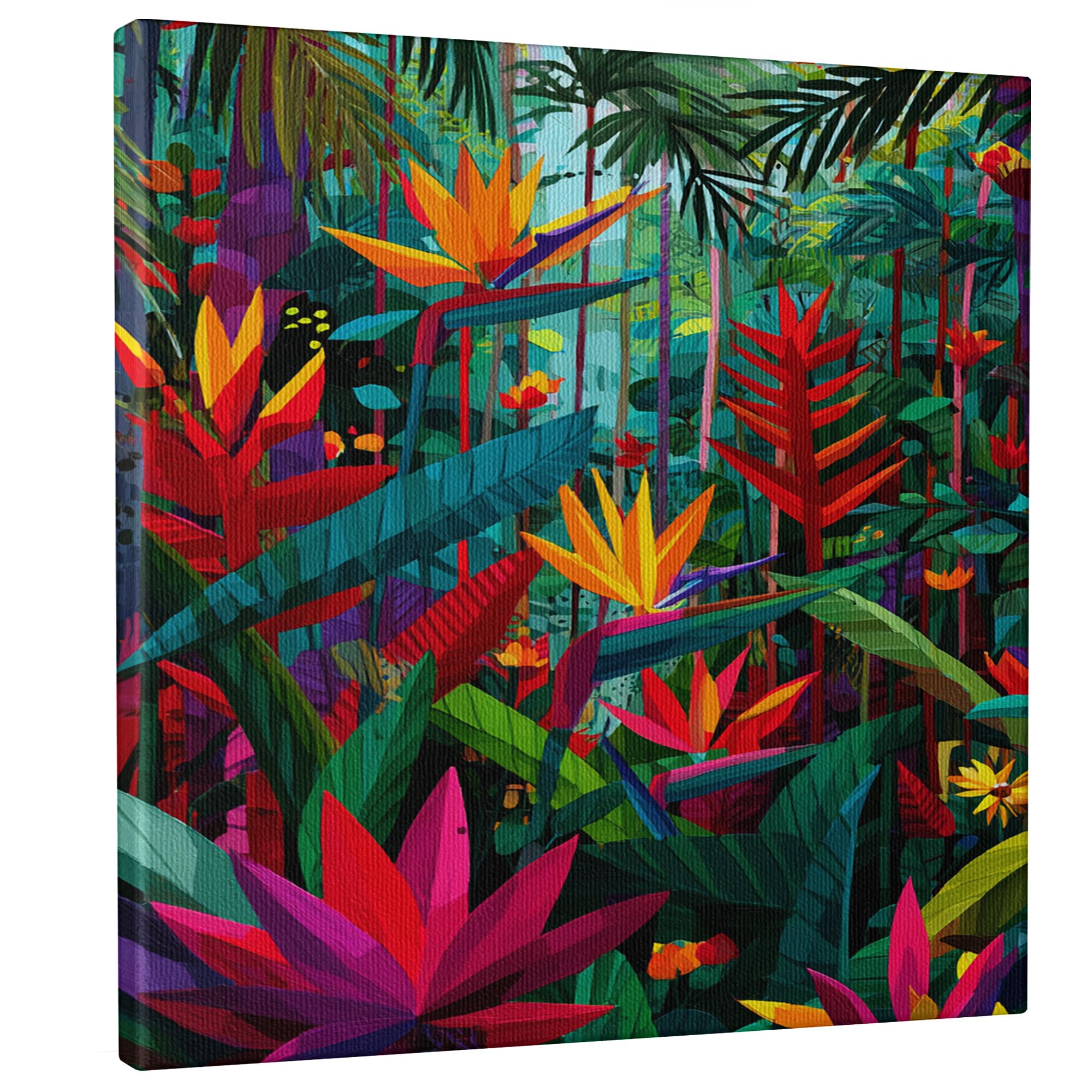 Tropical Floral Canvas Wall Art, Colorful Green Red Bird of Paradise Print, Jungle Wall Decor For Living Room, Bedroom, Office, Wrapped Canvas 12x12 Inch