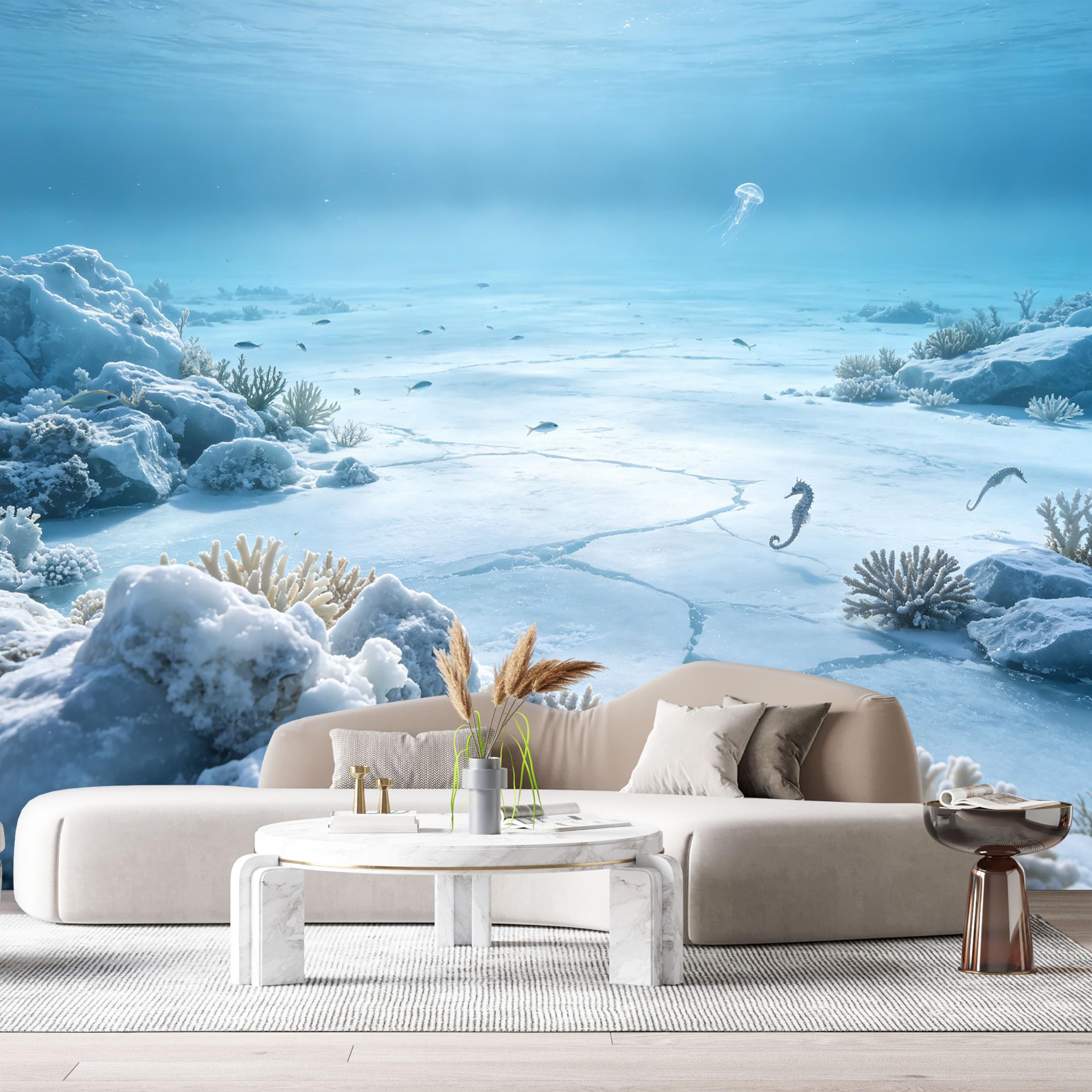 Custom Size Wall Murals Ocean Marine 3D Underwater Jellyfish Seahorse Coral Reef SelfAdhesiveWall Fabric Removable Wallpaper Wall Decor for Living Room Bedroom Bathroom