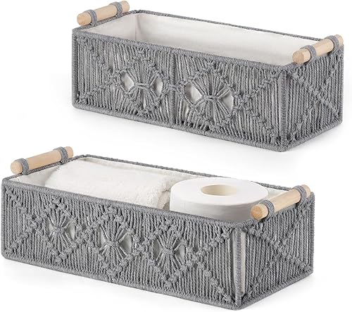 Mkono Cestas de almacenamiento de macramé, caja de decoración bohemia tejida a mano, para encimera, estante de inodoro, organizador de gabinete para