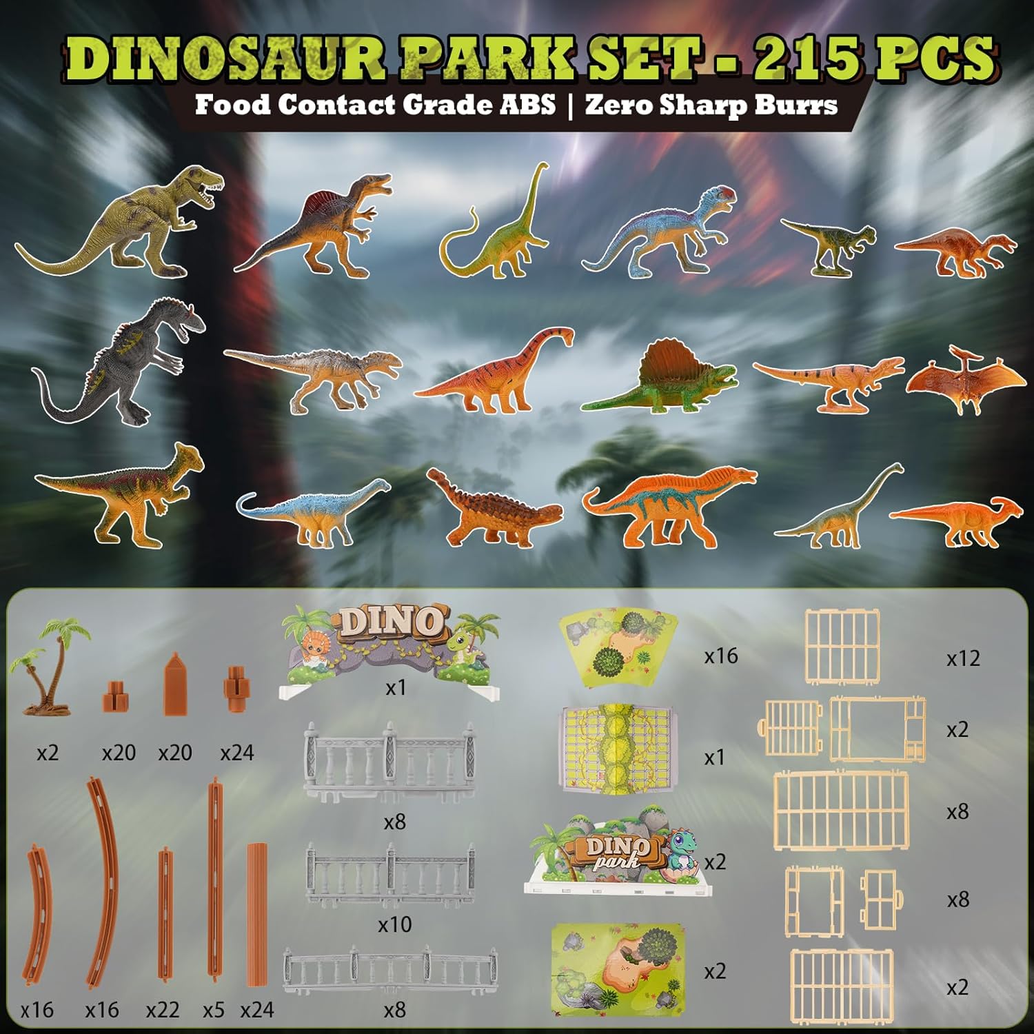 Dinosaur Playground Toy Set 215PCS – 18 Realistic Dinosaurs, Build Your Own Dinosaur Park, Interactive Play with Openable Cage & Battle Station, for Boys & Girls, Enhance Kids’ Creativity