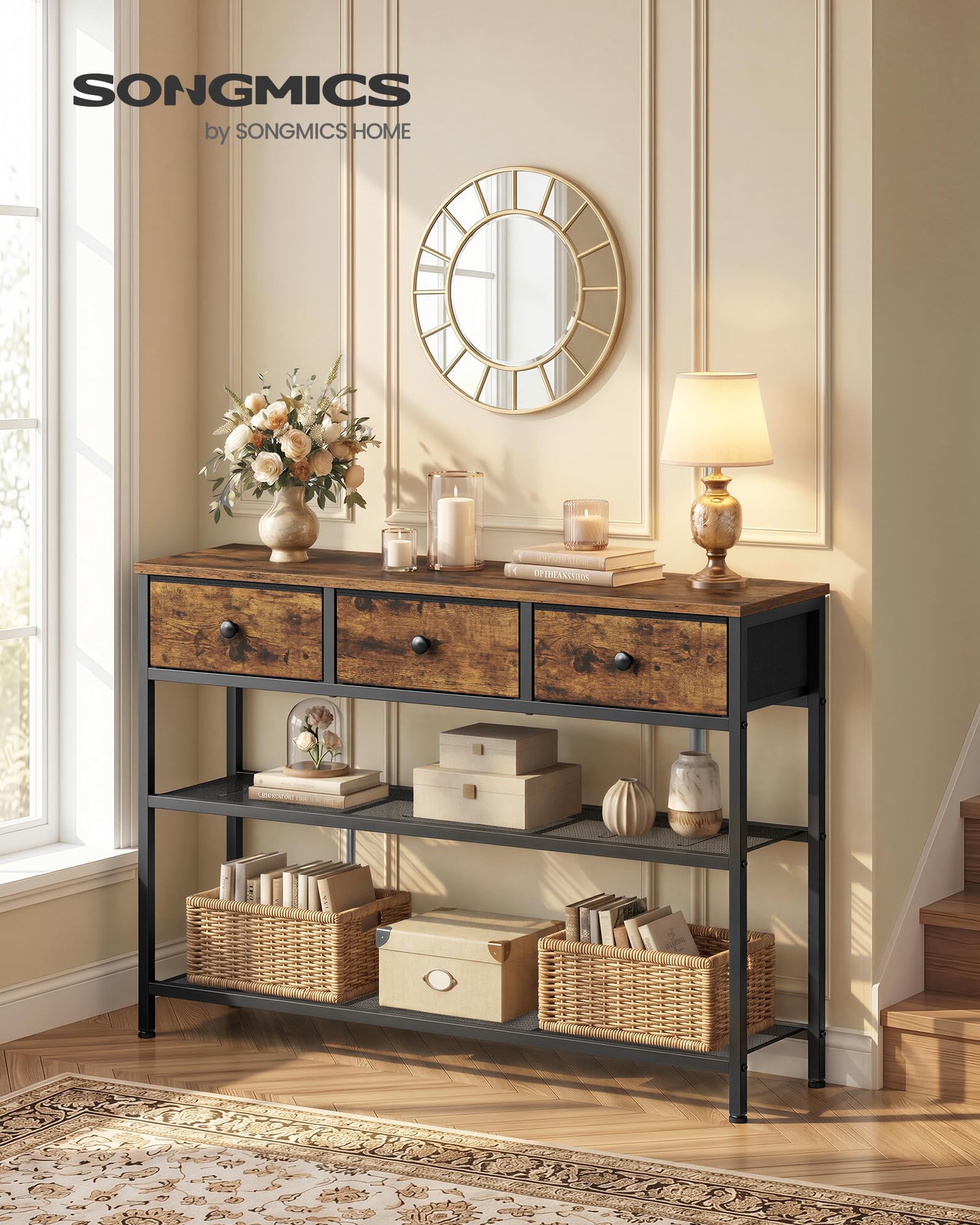 SONGMICS BELLAH Collection - Table Console, Bout de Canapé Fin, Table d’Entrée avec 2 Étagères Grillagées, pour Salon, Couloir, 30 x 98,8 x 78,7 cm, 3 Tiroirs en Tissu, Marron Rustique LGS098K101