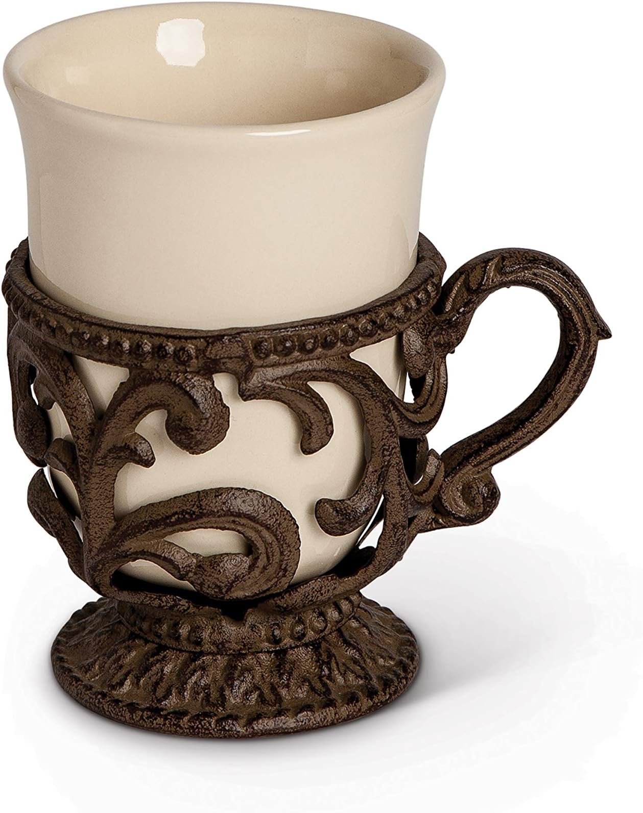 Acanthus Leaf Cream Ceramic Cups with Brown Metal Base and Handle (Set of 4)