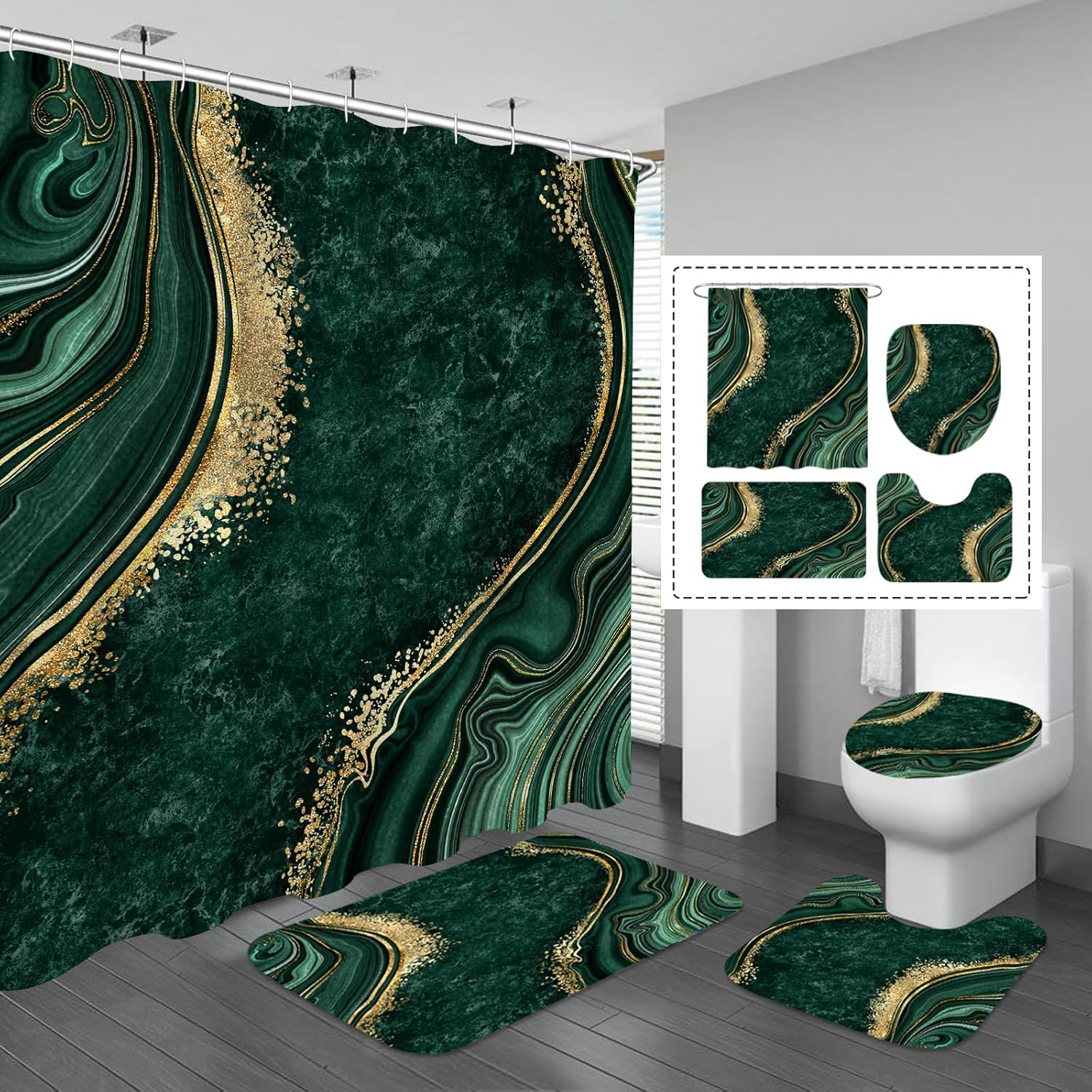 Gibelle 4 Pcs Luxury Marble Shower Curtain Set with Non-Slip Rugs, Toilet Lid Cover and Bath Mat, Gold Foil Emerald Green Bathroom Decor Set with Shower Curtain and Rugs and Accessories