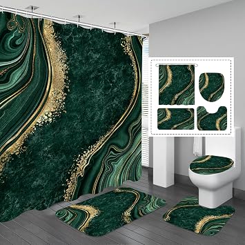 Gibelle 4 Pcs Luxury Marble Shower Curtain Set with Non-Slip Rugs, Toilet Lid Cover and Bath Mat, Gold Foil Emerald Green Bathroom Decor Set with Shower Curtain and Rugs and Accessories