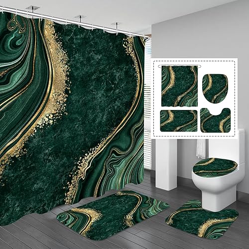 Gibelle 4 Pcs Luxury Marble Shower Curtain Set with Non-Slip