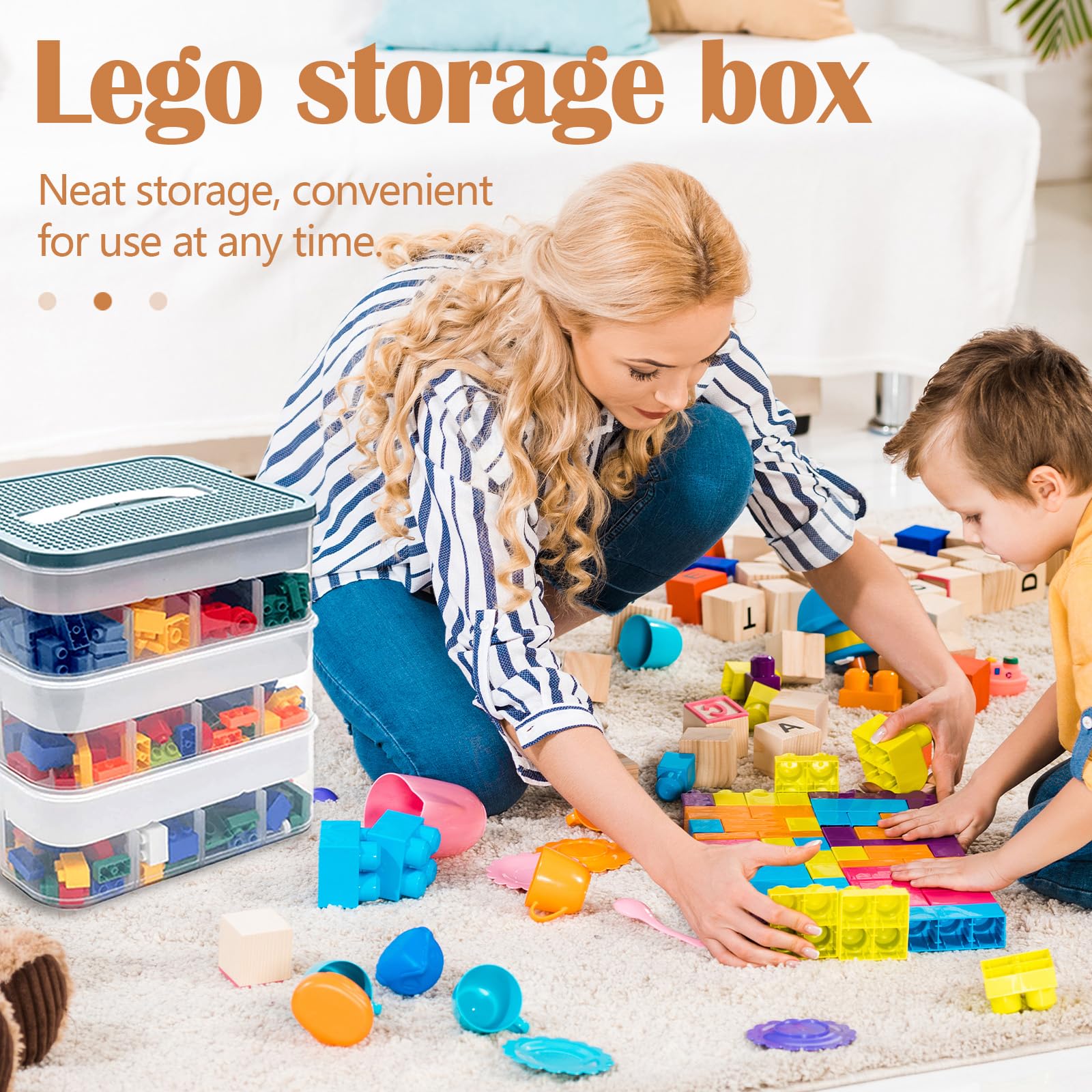 Boite Rangement Plastiquee pour Lego Briques, 3 Couches Boite Rangement avec Couvercle, Jouets Empilable Organiseur Transparent avec Compartiments pour Ranger les Jouets, Coffre a Jouet