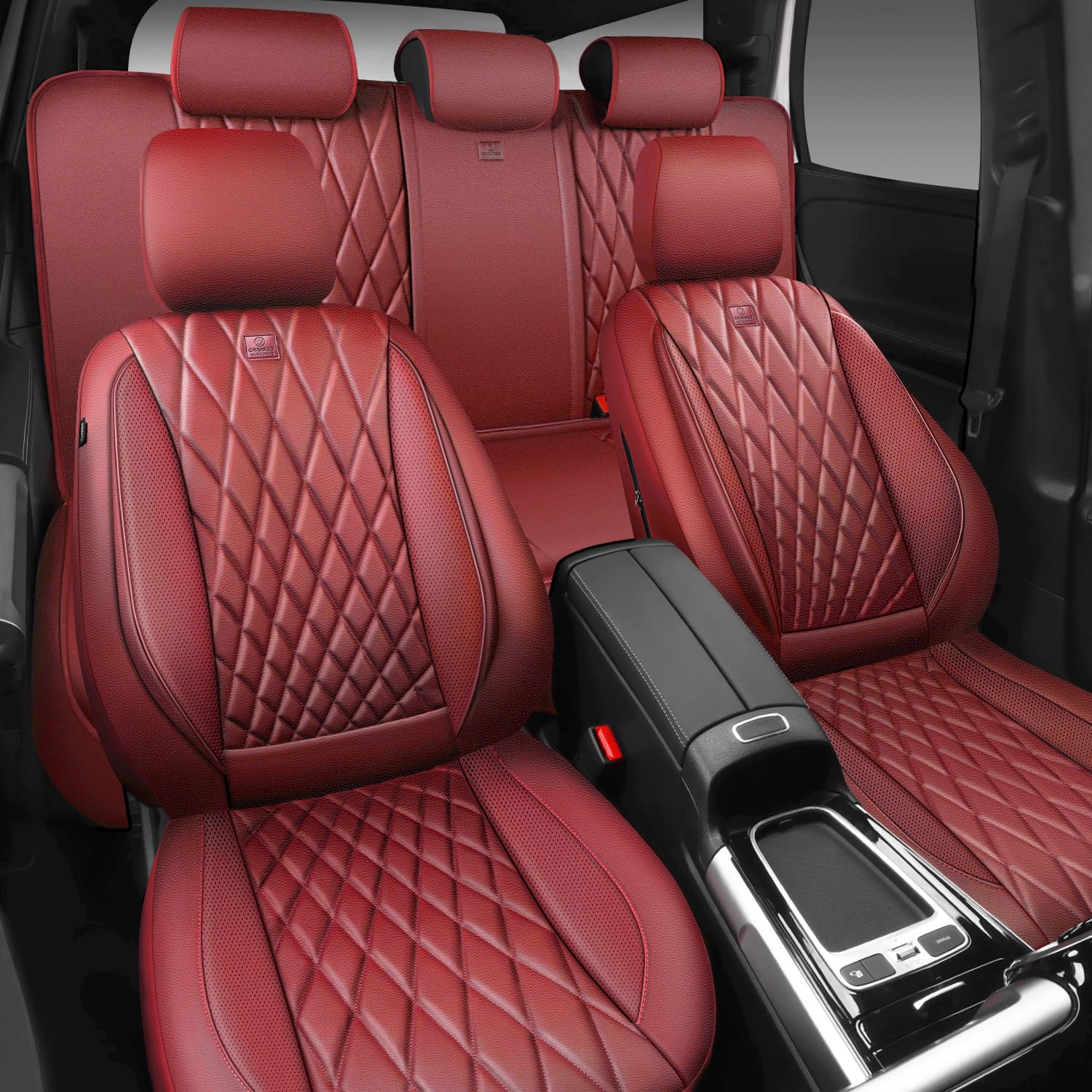 CAR PASS Piping Luxury Faux Leather Seat Covers Full Set, Premium Delux Anti-Slip Waterproof Automotive Seat Cover Universal Fit for Sedans Suvs Vans Trucks, Armrest & Airbag Compatible, Burgundy Red