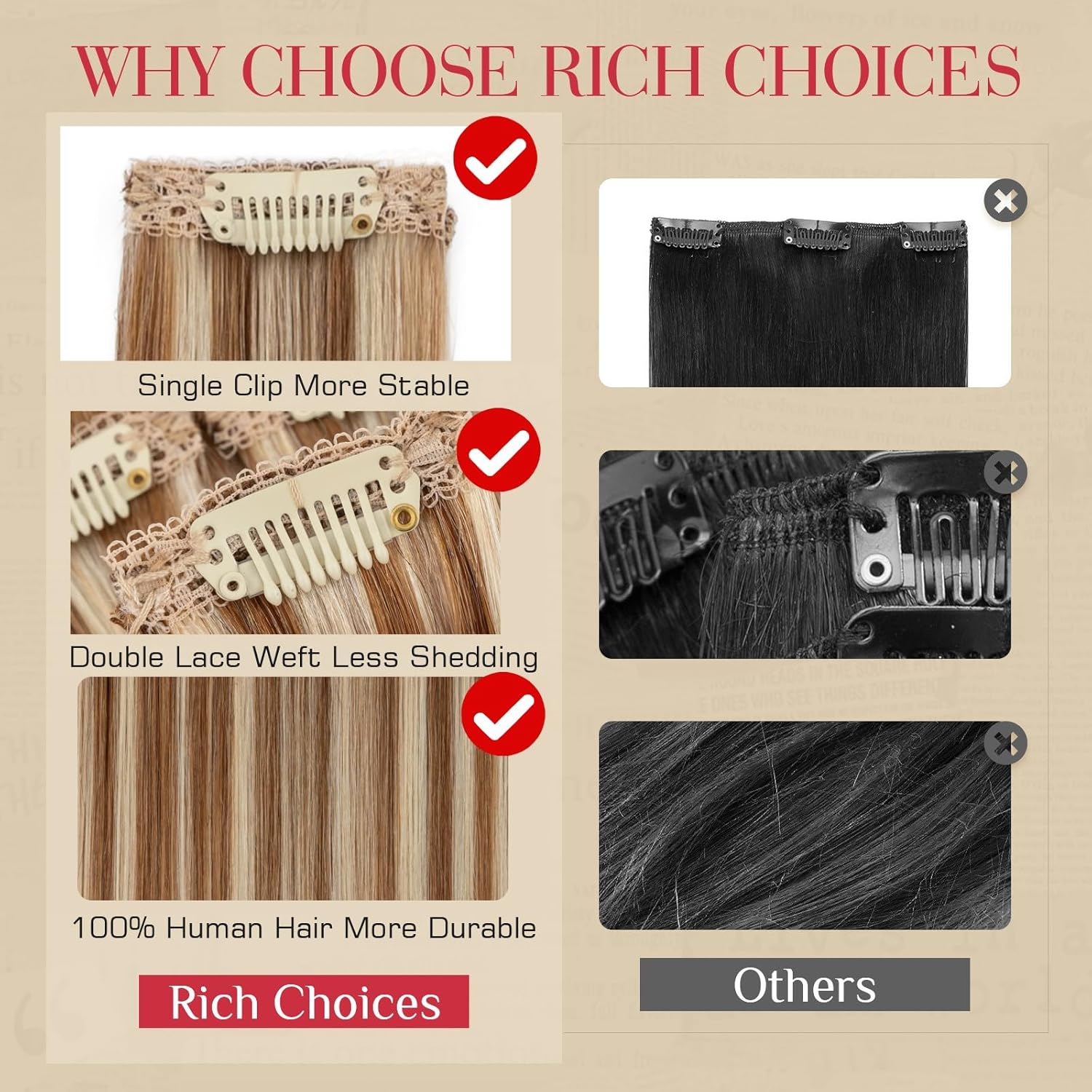 Rich Choices Real Human Hair Clip In Extensions-6 Pcs Single Clip Design-Invisible Clip in Extensions for Thin Short Hair-Hairpieces for Women-10 Inches #6P613R Light Brown Highlight Bleach Blonde