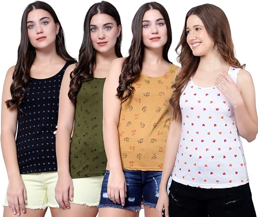 DIAZ Women's Super Combed Cotton Rib Fabric Slim Fit Tank Top-Pack of 4