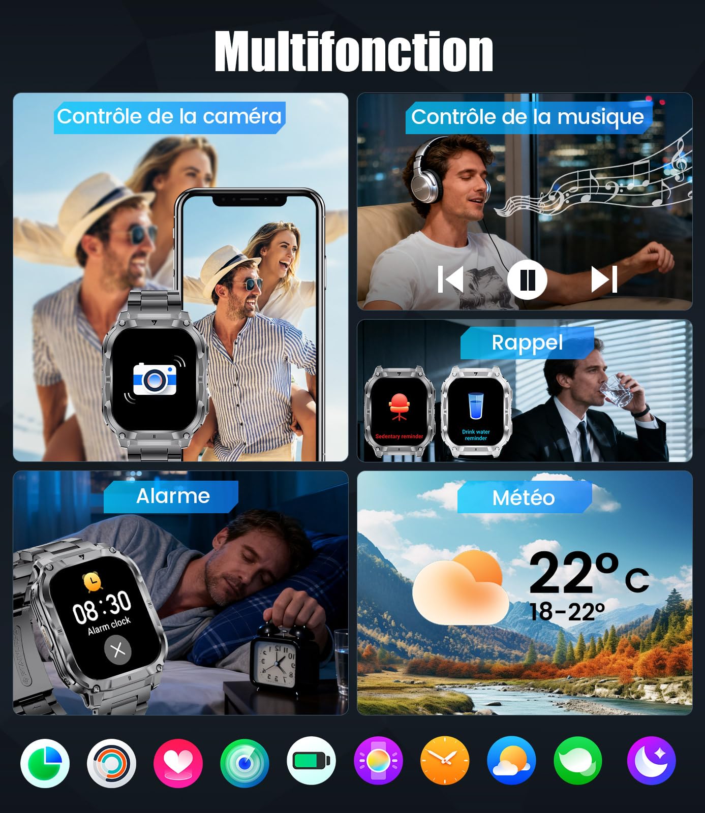 LIGE Montre Connectée Homme（3 Bracelets）, Smartwatch avec Torche LED/Batterie 1000mAh/2.0" HD Grand Écran/Appel Bluetooth/Cardiofréquence/Analyse Sommeil/100+Modes Sport, Smart Watch Android/iOS