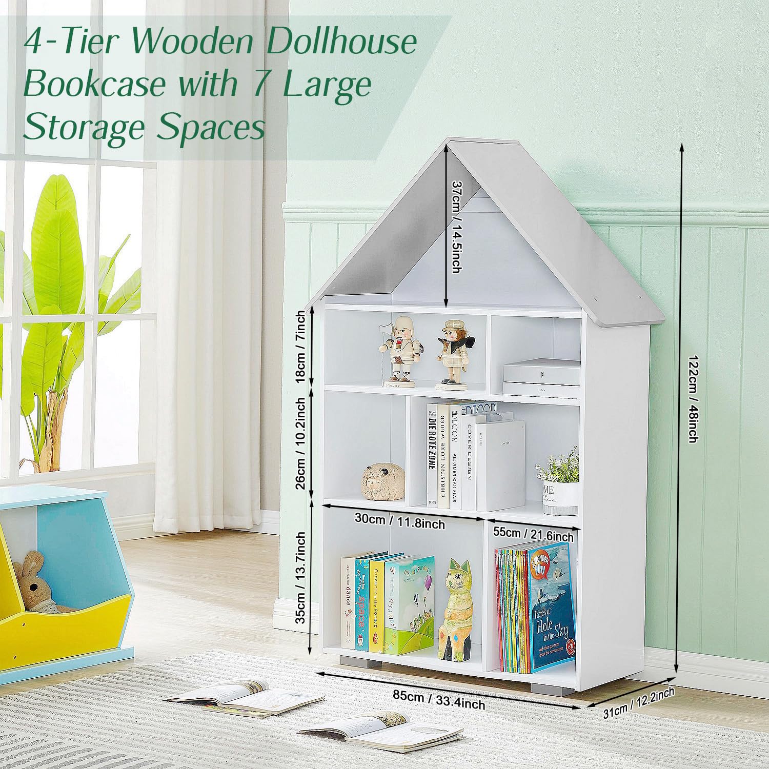 OUKOVOL Wooden Dollhouse Bookshelf 4-Tier Children's Bookcase Display Storage Doll House Organizer Furniture for Kids Bedroom Playroom Nursery Kindergarten Gift for Girls Boys Ages 3-8 Years Old